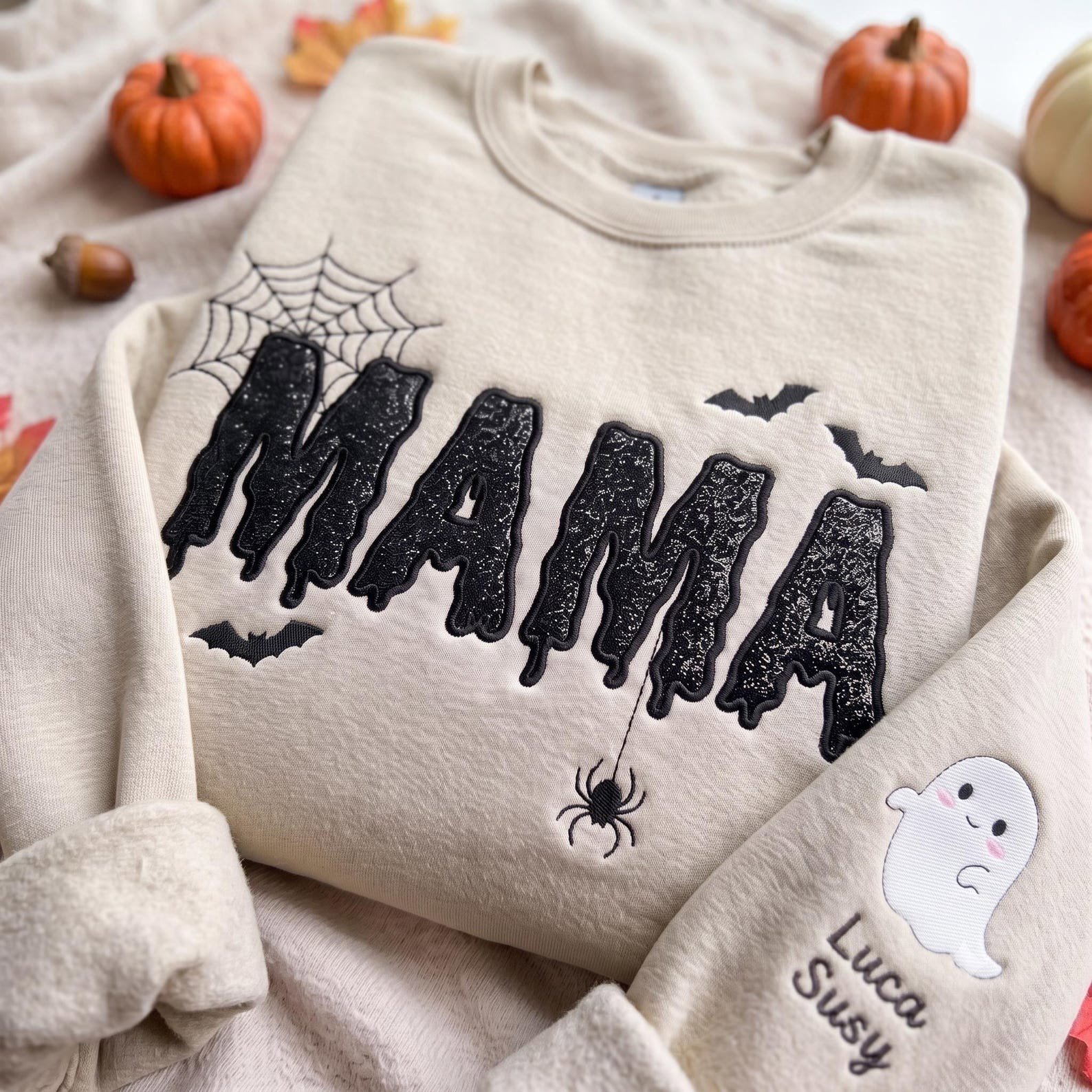 Halloween Mama Black Glitter Applique Embroidered Sweatshirt, Spooky Season Applique Mama Shirt, Custom Name Ghost Gift Shirt 4
