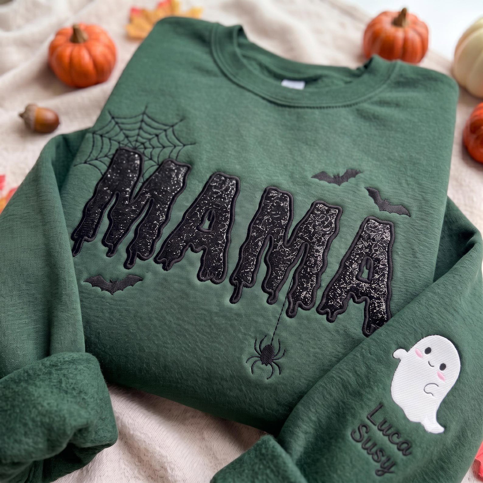 Halloween Mama Black Glitter Applique Embroidered Sweatshirt, Spooky Season Applique Mama Shirt, Custom Name Ghost Gift Shirt 5