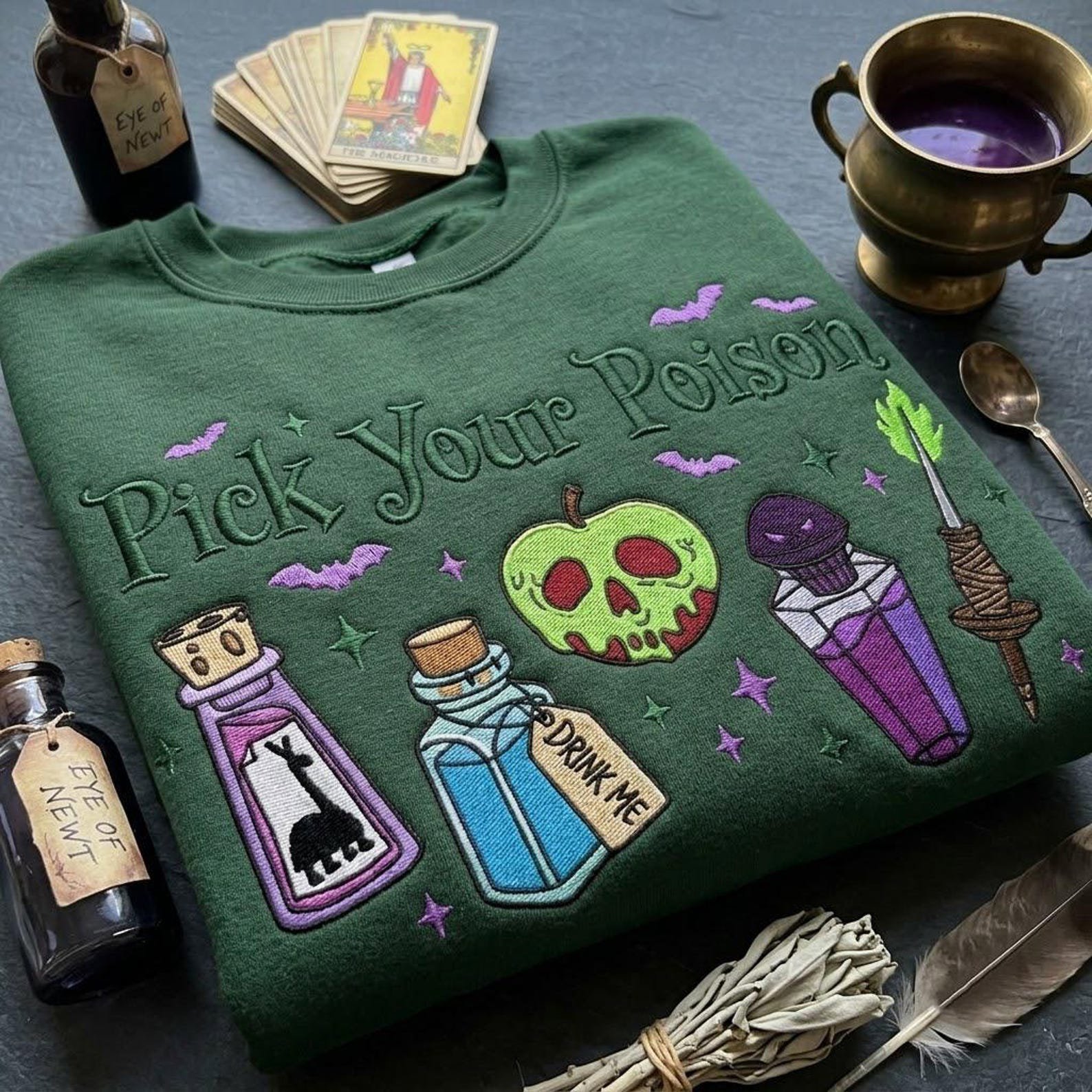 Pick Your Poison Embroidered Sweatshirt, Witch Potion Crewneck, Gothic Halloween Embroidery Gift for Spooky Season Lovers 4