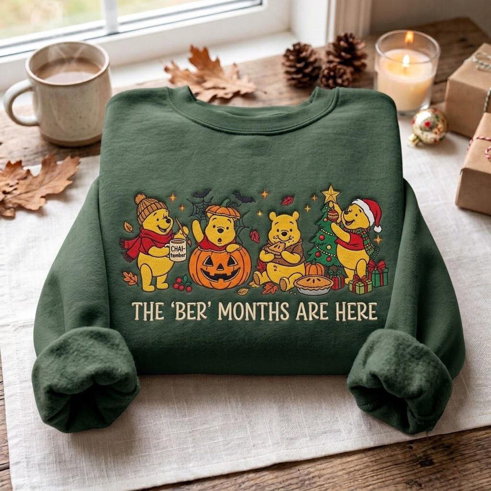 Pooh Bear Ber Months Embroidered Sweatshirt, Halloween Thanksgiving Christmas Crewneck, Winnie the Pooh Fall Holiday Season Gift 1