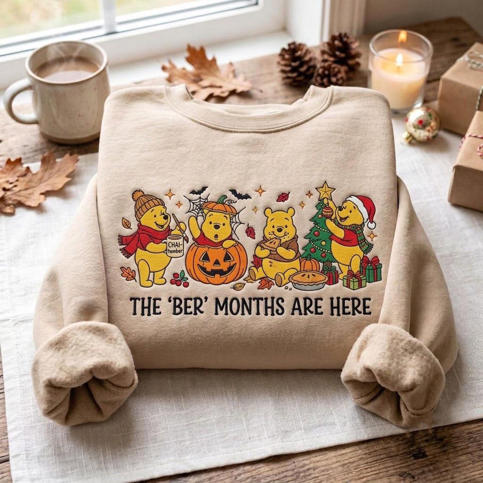 Pooh Bear Ber Months Embroidered Sweatshirt, Halloween Thanksgiving Christmas Crewneck, Winnie the Pooh Fall Holiday Season Gift 2
