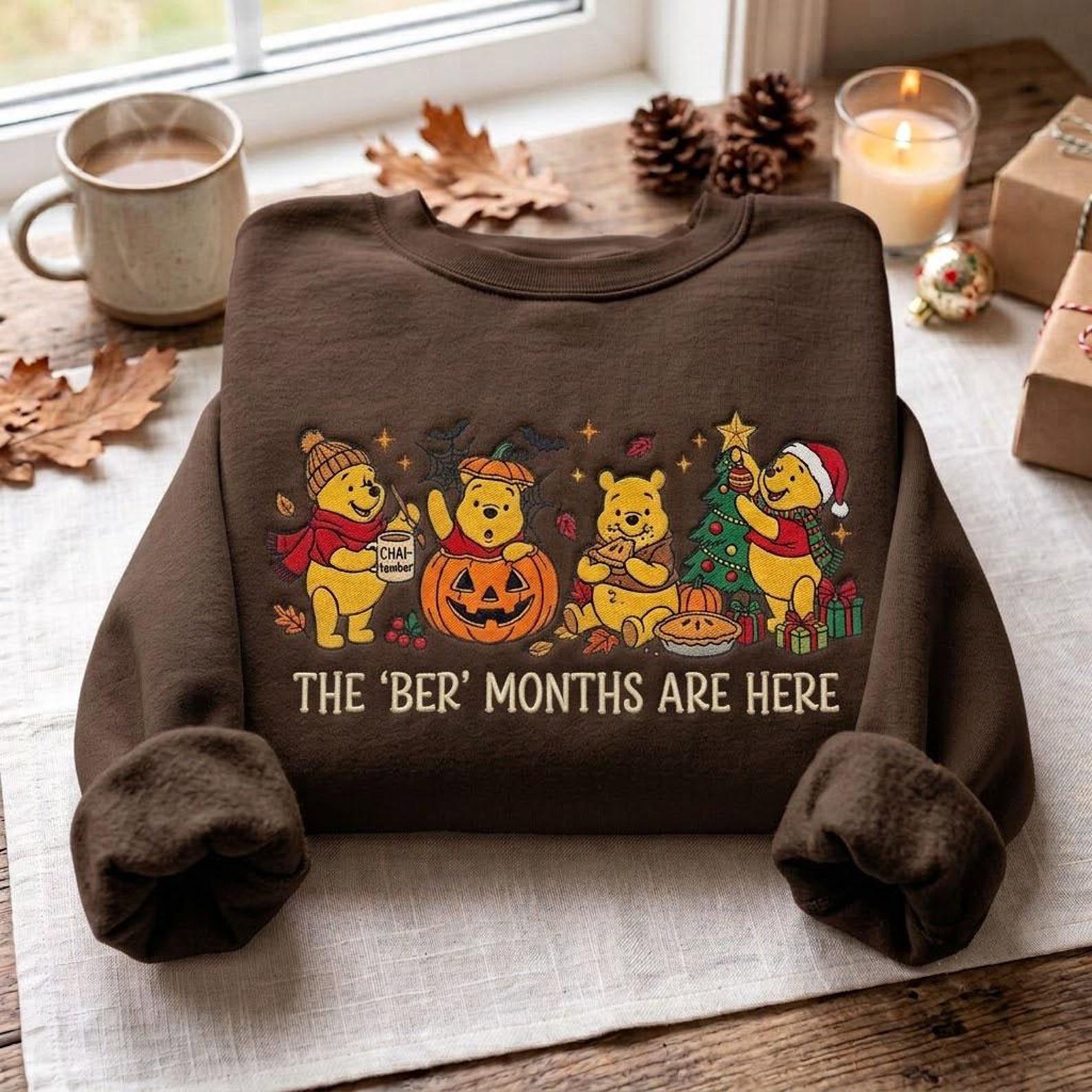 Pooh Bear Ber Months Embroidered Sweatshirt, Halloween Thanksgiving Christmas Crewneck, Winnie the Pooh Fall Holiday Season Gift 3