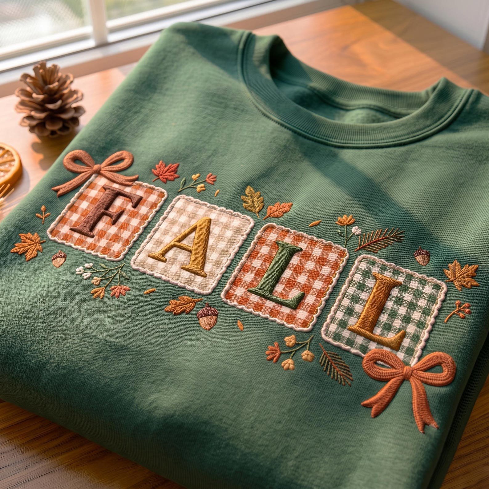 Fall Gingham Applique Embroidered Sweatshirt, Fall Coquette Bow Shirt, Floral Fall Shirt, Autumn Gift, Cozy Fall Leaves Acorn Pullover Gift 1
