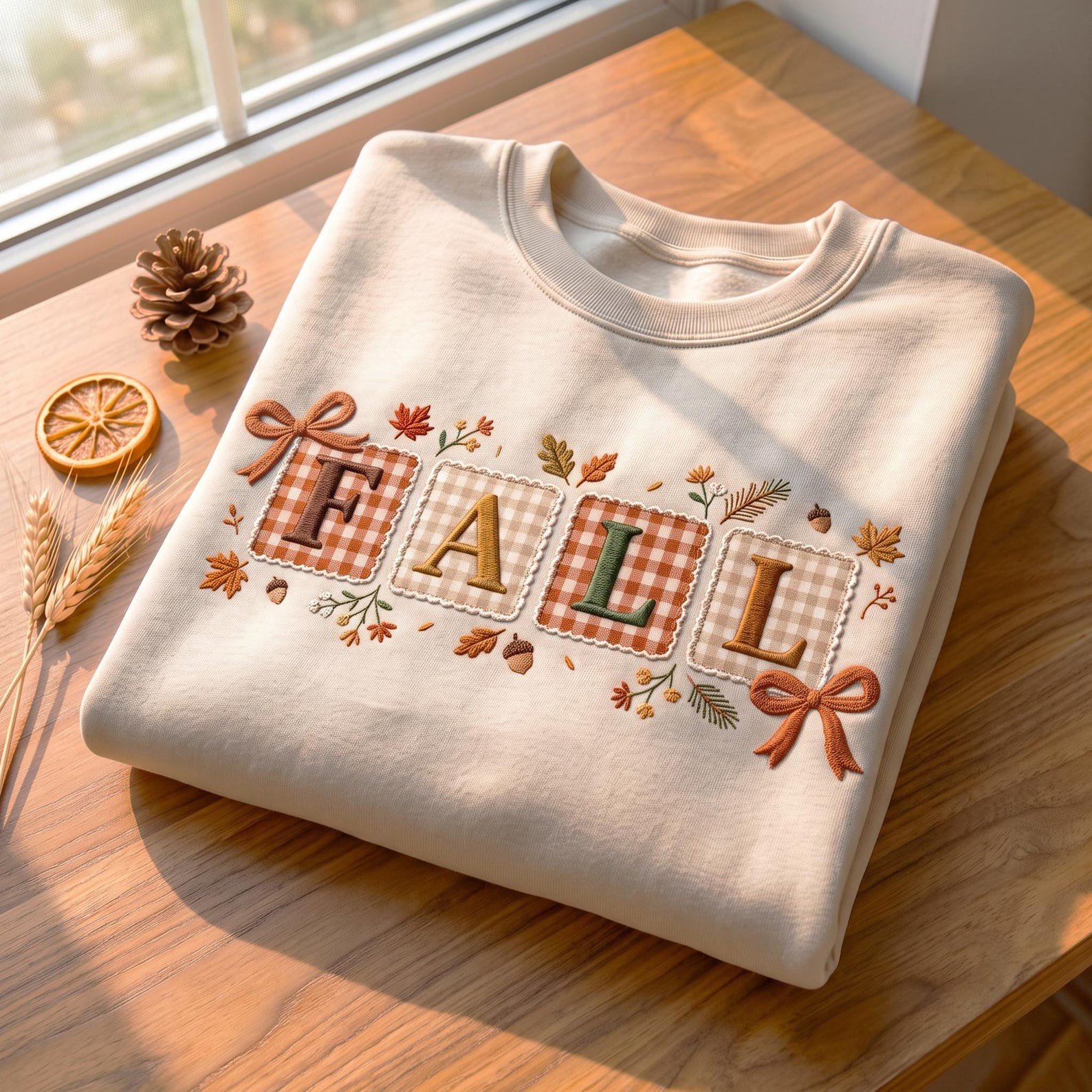 Fall Gingham Applique Embroidered Sweatshirt, Fall Coquette Bow Shirt, Floral Fall Shirt, Autumn Gift, Cozy Fall Leaves Acorn Pullover Gift 3