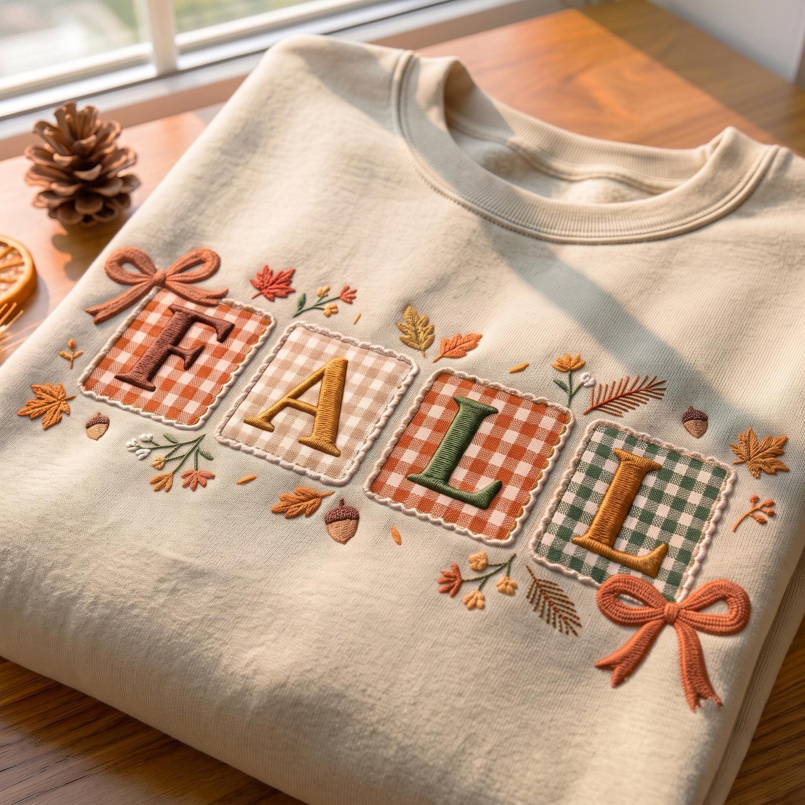 Fall Gingham Applique Embroidered Sweatshirt, Fall Coquette Bow Shirt, Floral Fall Shirt, Autumn Gift, Cozy Fall Leaves Acorn Pullover Gift 4