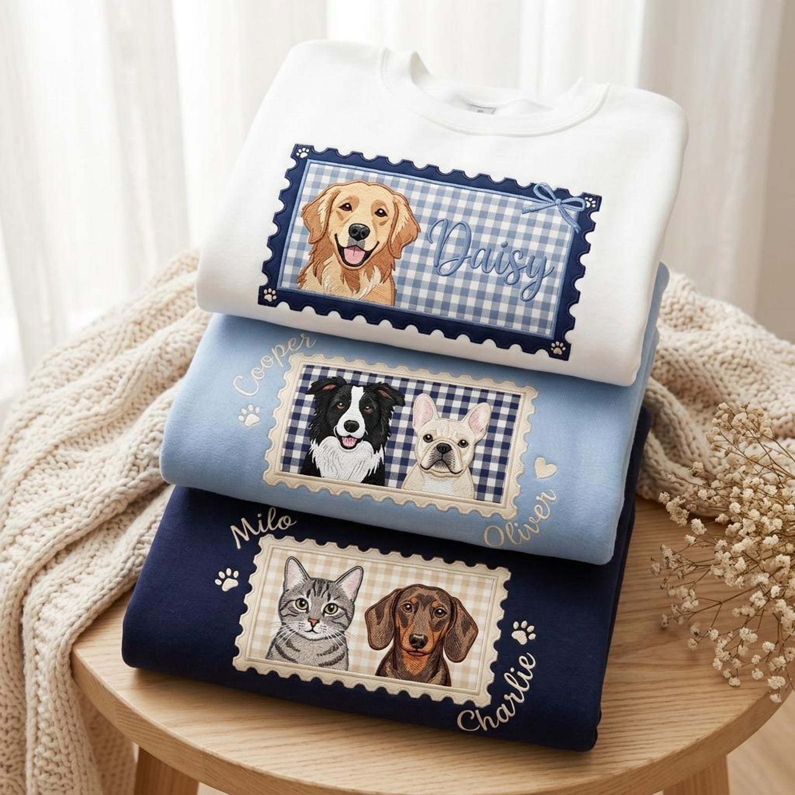 Embroidered Custom Pet Portrait Sweatshirt, Applique Dog Mom Shirt, Custom Photo Tee, Pet Lover Gift, Personalized Stamp Coquette Cat Shirt 3