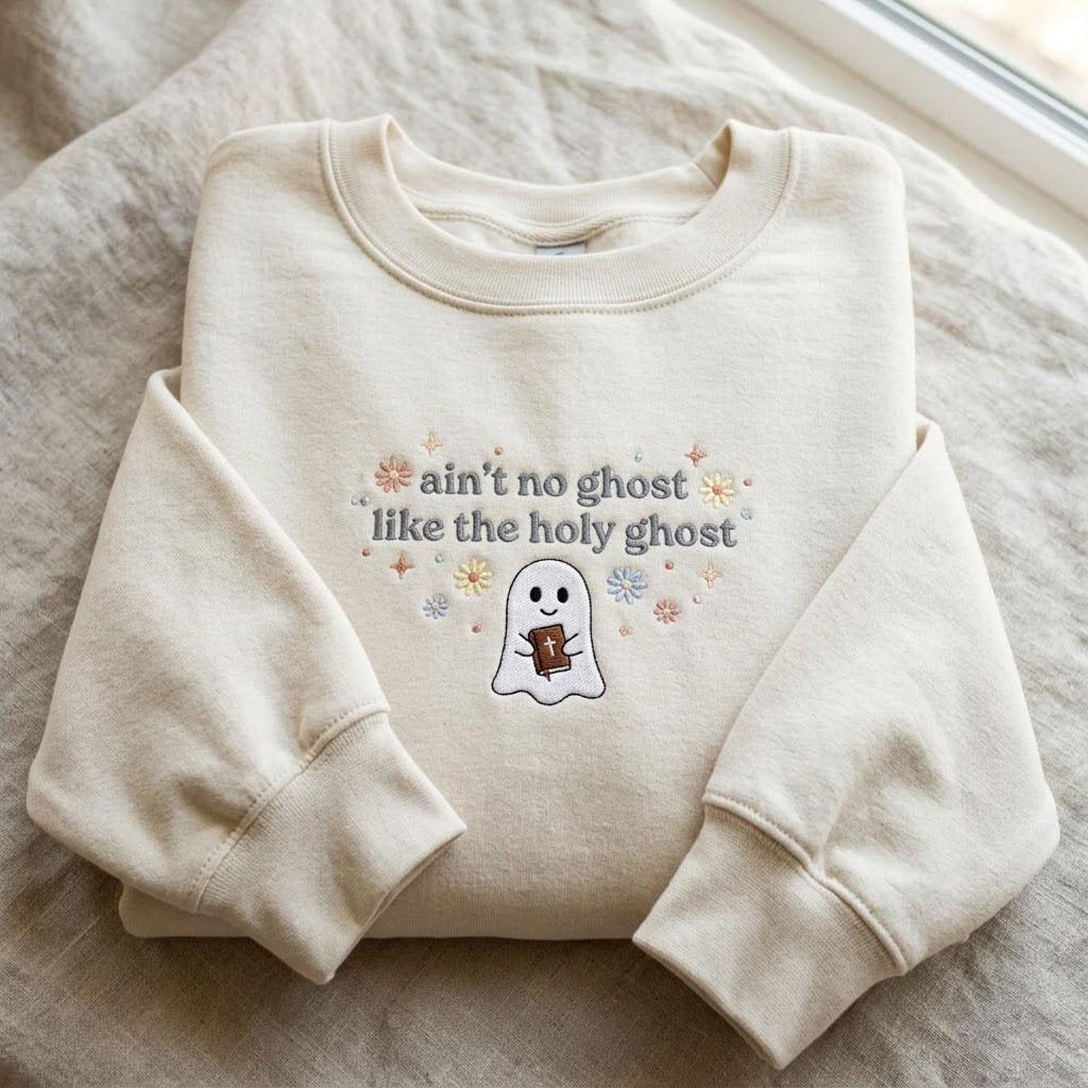 Christian Holy Ghost Embroidered Sweatshirt, Cute Faith Halloween Crewneck, Religious Ghost Shirt, Church Fall Gift, Jesus Lover Pullover 2