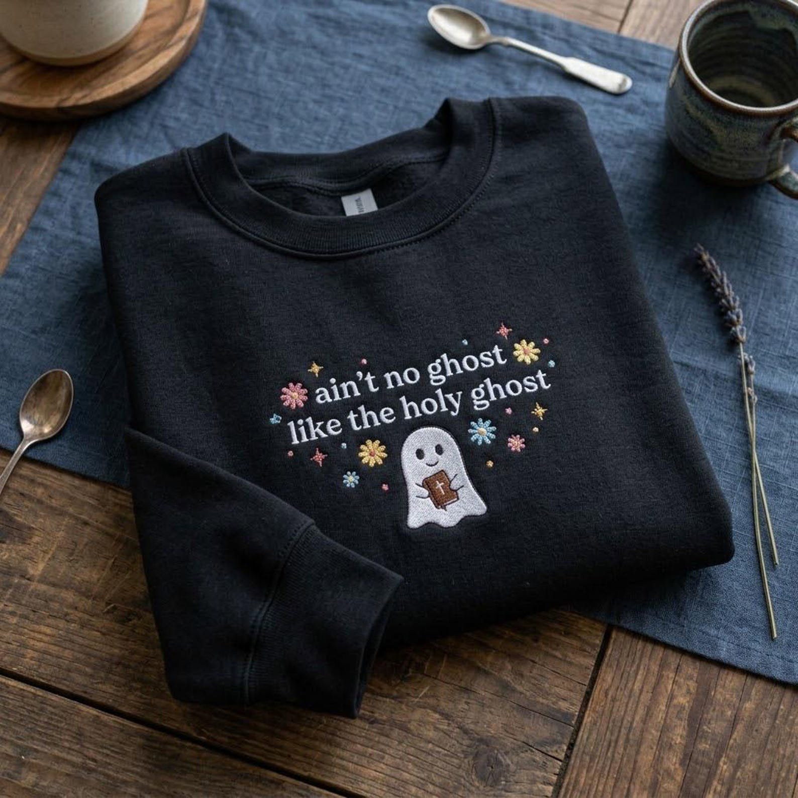 Christian Holy Ghost Embroidered Sweatshirt, Cute Faith Halloween Crewneck, Religious Ghost Shirt, Church Fall Gift, Jesus Lover Pullover 3