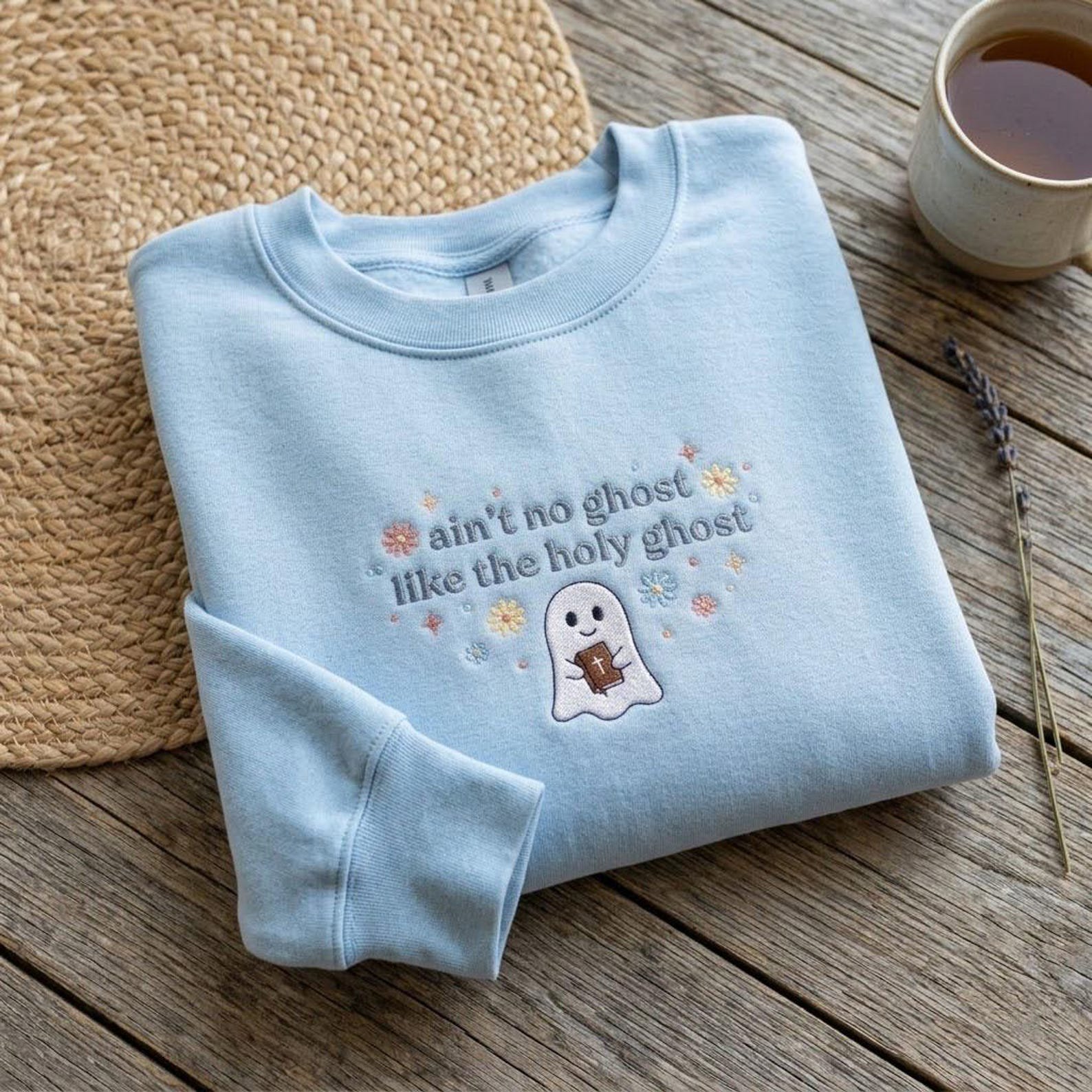 Christian Holy Ghost Embroidered Sweatshirt, Cute Faith Halloween Crewneck, Religious Ghost Shirt, Church Fall Gift, Jesus Lover Pullover 1