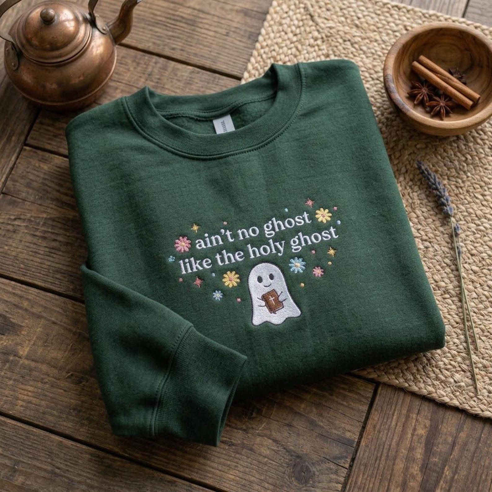 Christian Holy Ghost Embroidered Sweatshirt, Cute Faith Halloween Crewneck, Religious Ghost Shirt, Church Fall Gift, Jesus Lover Pullover 4