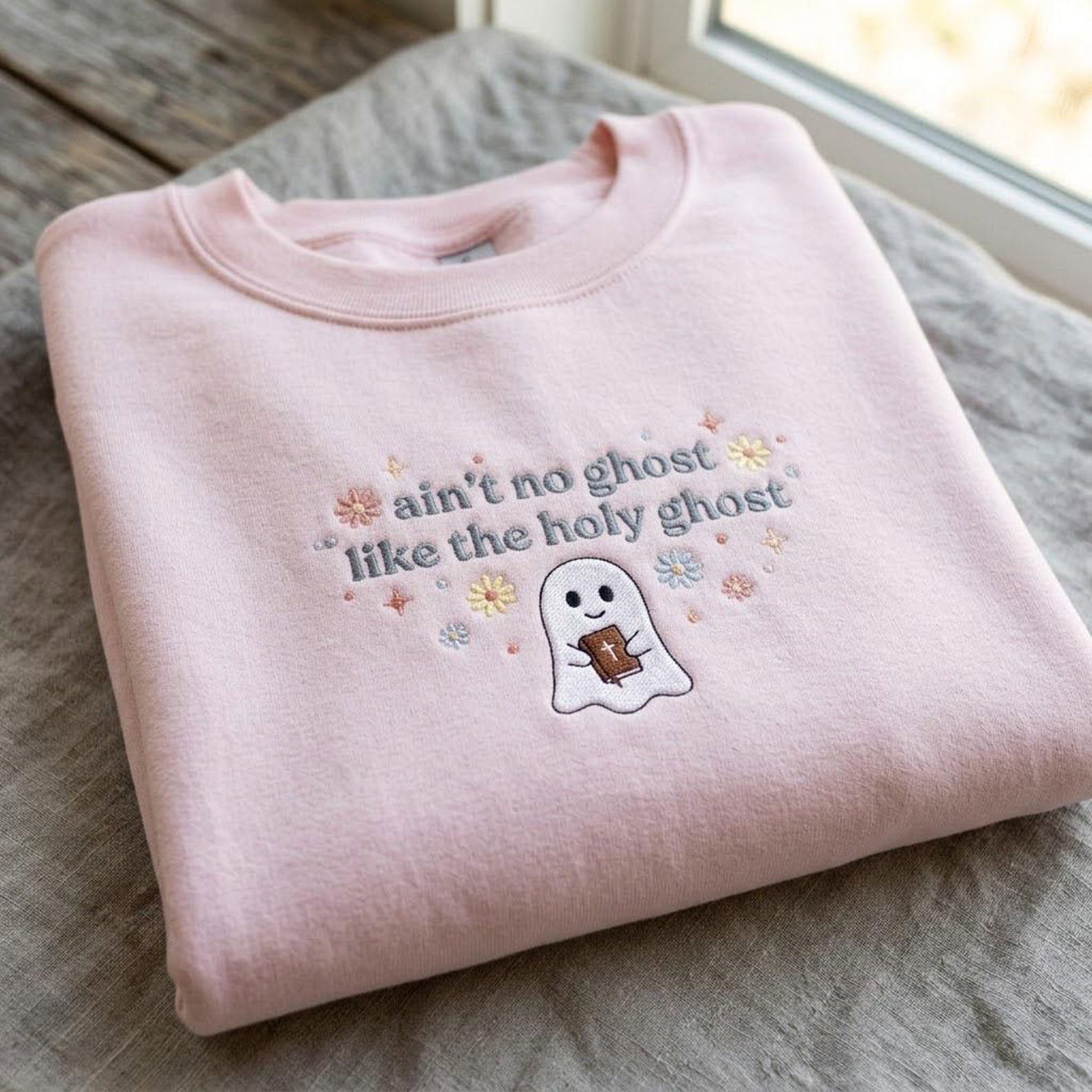 Christian Holy Ghost Embroidered Sweatshirt, Cute Faith Halloween Crewneck, Religious Ghost Shirt, Church Fall Gift, Jesus Lover Pullover 5