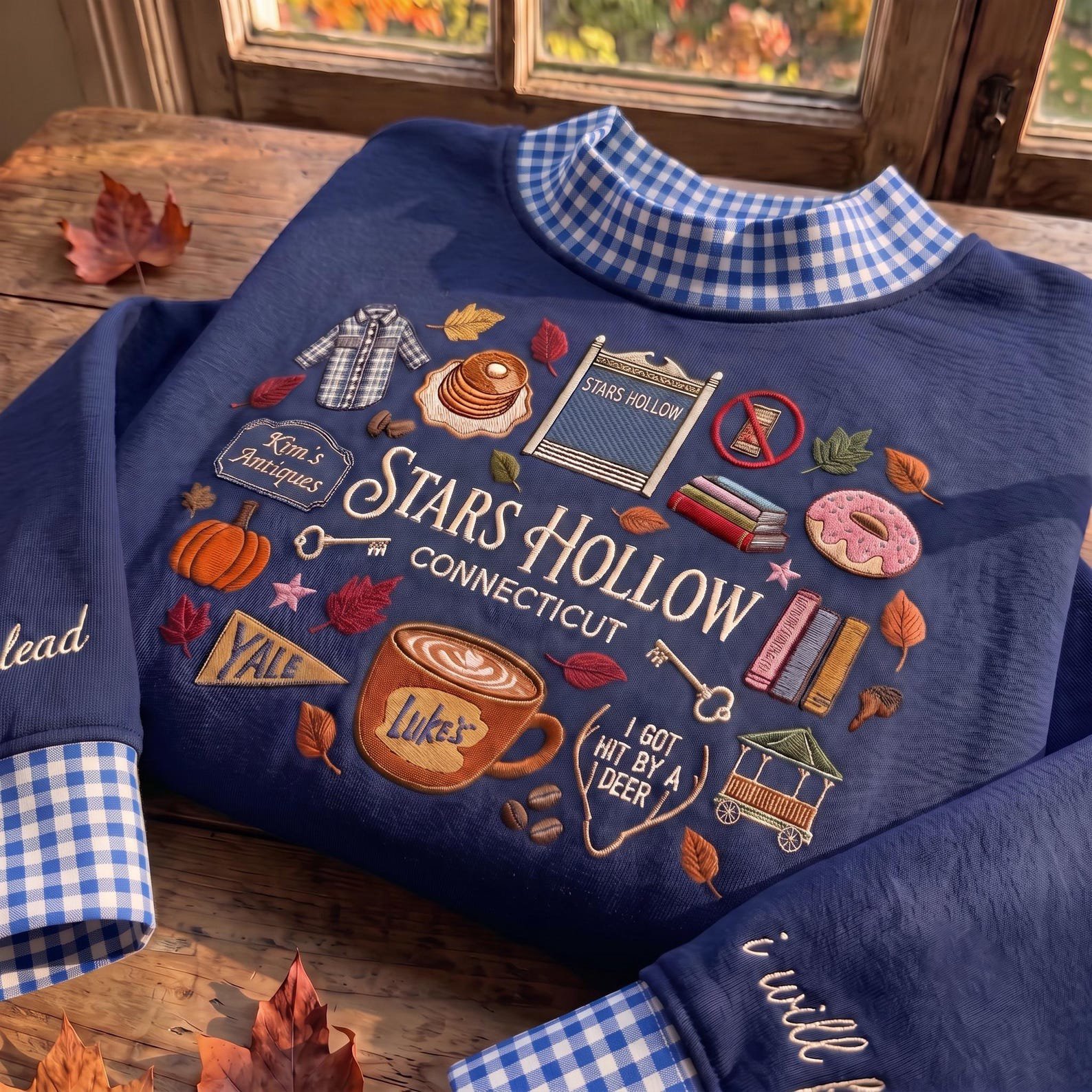 Stars Hollow Connecticut Embroidered Mock Neck Gingham Sweatshirt, Bookish Pumpkin Shirt, Autumn Coffee Fall Shirt, Small Town Inspired Gift 1