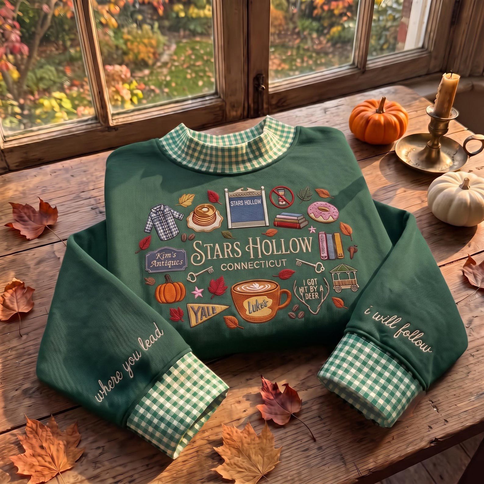 Stars Hollow Connecticut Embroidered Mock Neck Gingham Sweatshirt, Bookish Pumpkin Shirt, Autumn Coffee Fall Shirt, Small Town Inspired Gift 3