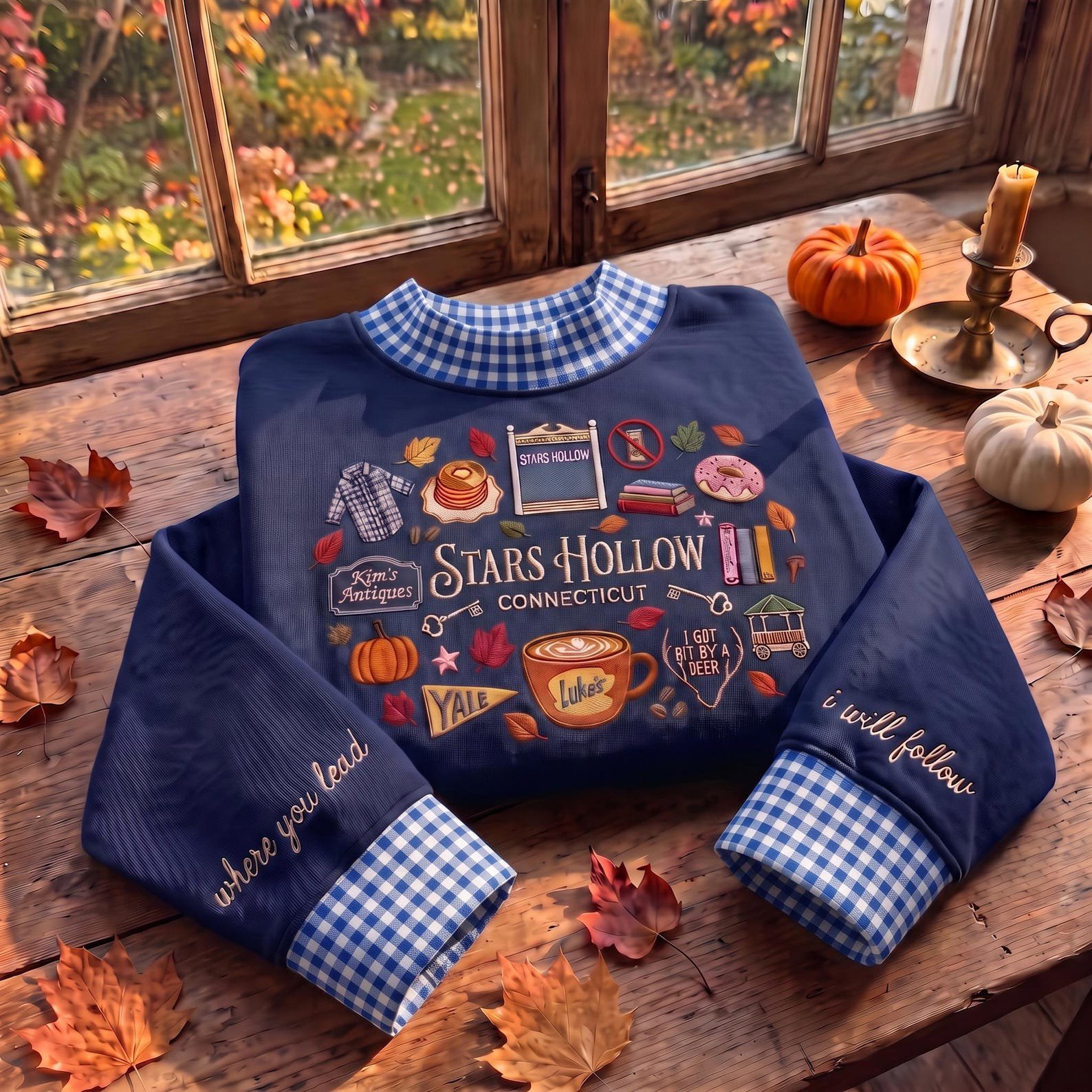 Stars Hollow Connecticut Embroidered Mock Neck Gingham Sweatshirt, Bookish Pumpkin Shirt, Autumn Coffee Fall Shirt, Small Town Inspired Gift 5