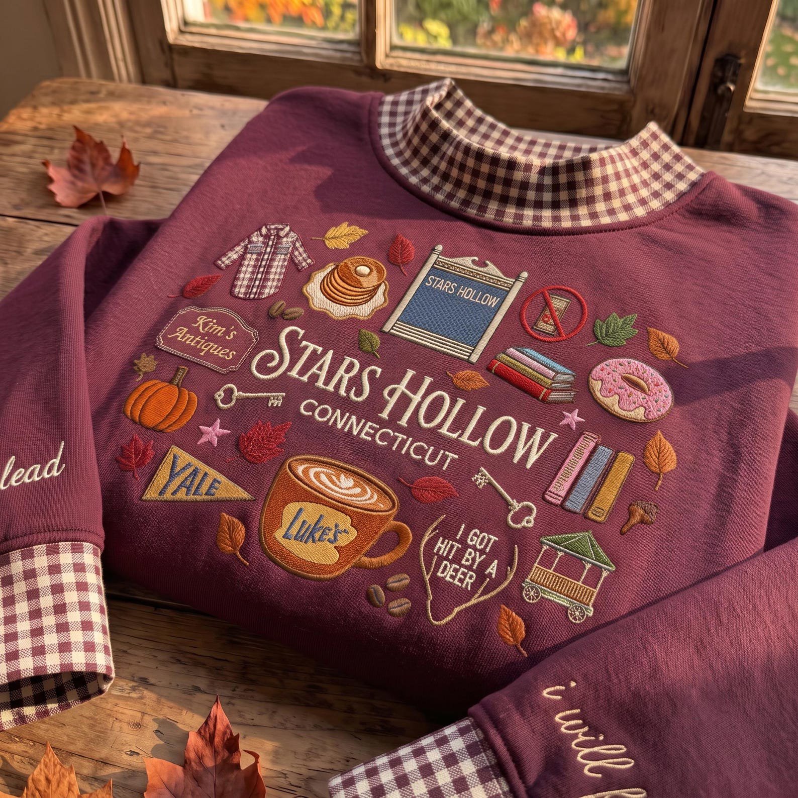 Stars Hollow Connecticut Embroidered Mock Neck Gingham Sweatshirt, Bookish Pumpkin Shirt, Autumn Coffee Fall Shirt, Small Town Inspired Gift 4