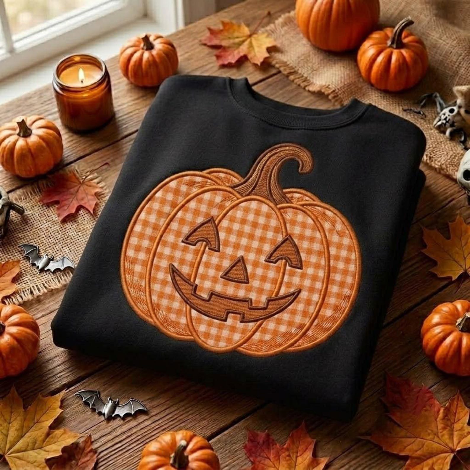 Pumpkin Applique Sweatshirt, Gingham Jack O Lantern Shirt, Halloween Embroidered Crewneck, Cozy Fall Pumpkin Gift for Women, Autumn Outfit 3