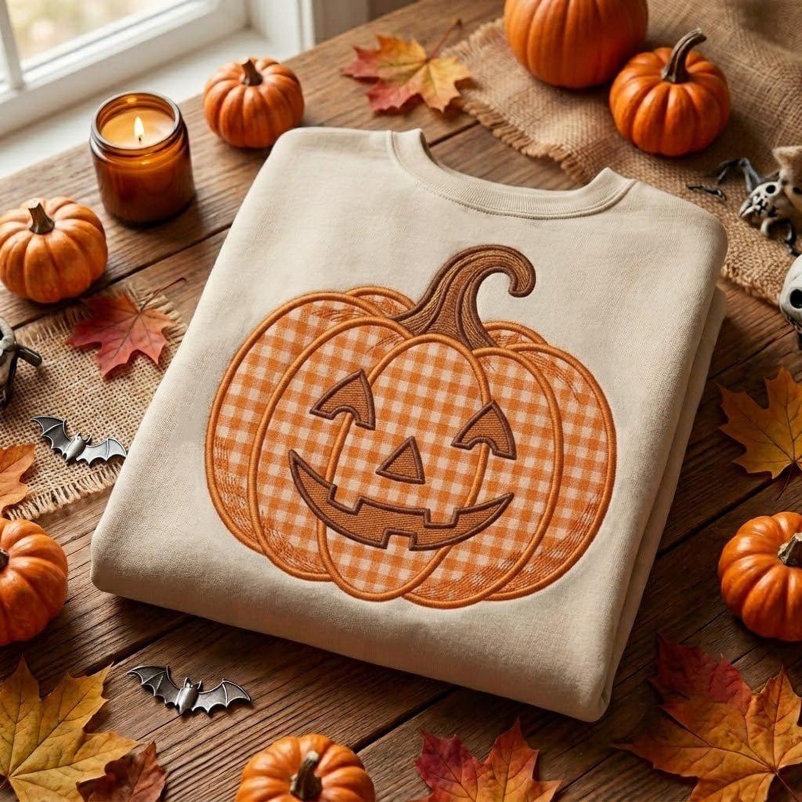Pumpkin Applique Sweatshirt, Gingham Jack O Lantern Shirt, Halloween Embroidered Crewneck, Cozy Fall Pumpkin Gift for Women, Autumn Outfit 2