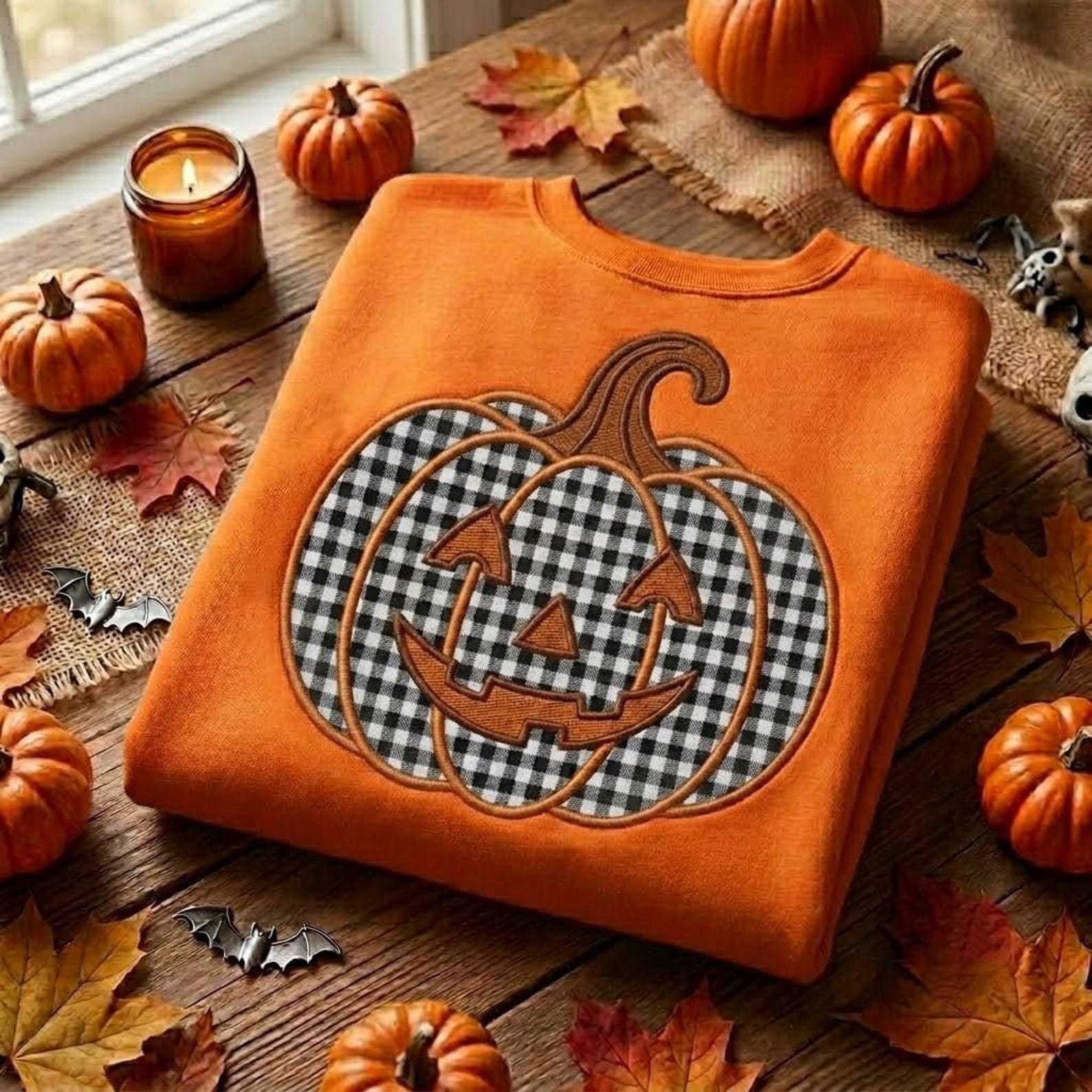 Pumpkin Applique Sweatshirt, Gingham Jack O Lantern Shirt, Halloween Embroidered Crewneck, Cozy Fall Pumpkin Gift for Women, Autumn Outfit 1