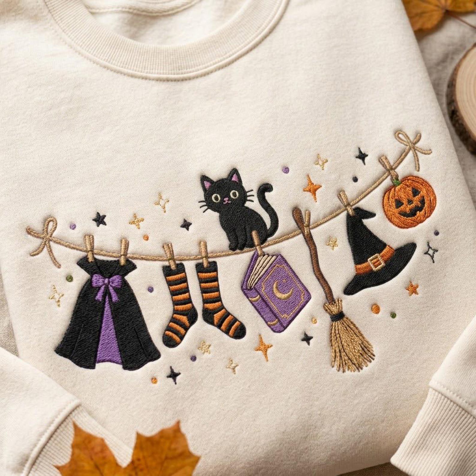 Halloween Witch Clothesline Embroidered Crewneck, Black Cat Broom Hat Book Sweatshirt, Cute Spooky Autumn Gift for Adults 3