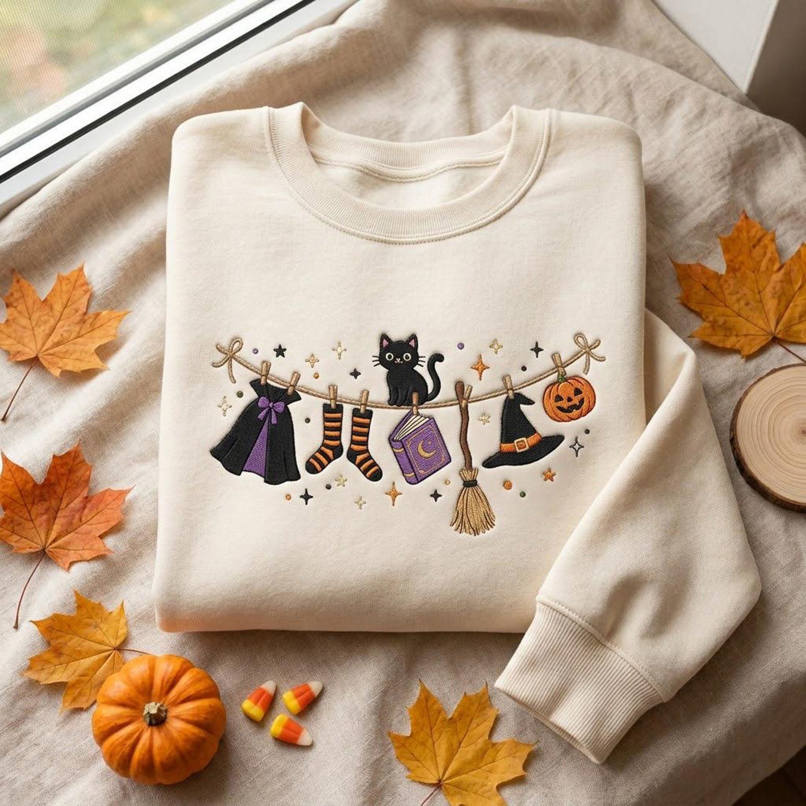 Halloween Witch Clothesline Embroidered Crewneck, Black Cat Broom Hat Book Sweatshirt, Cute Spooky Autumn Gift for Adults 2