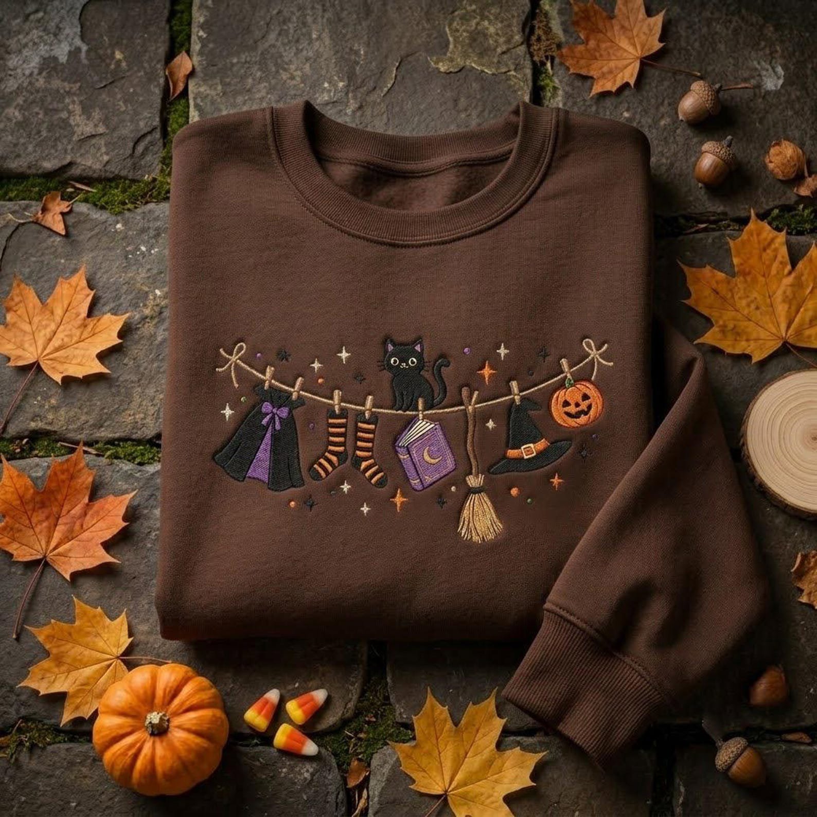 Halloween Witch Clothesline Embroidered Crewneck, Black Cat Broom Hat Book Sweatshirt, Cute Spooky Autumn Gift for Adults 1