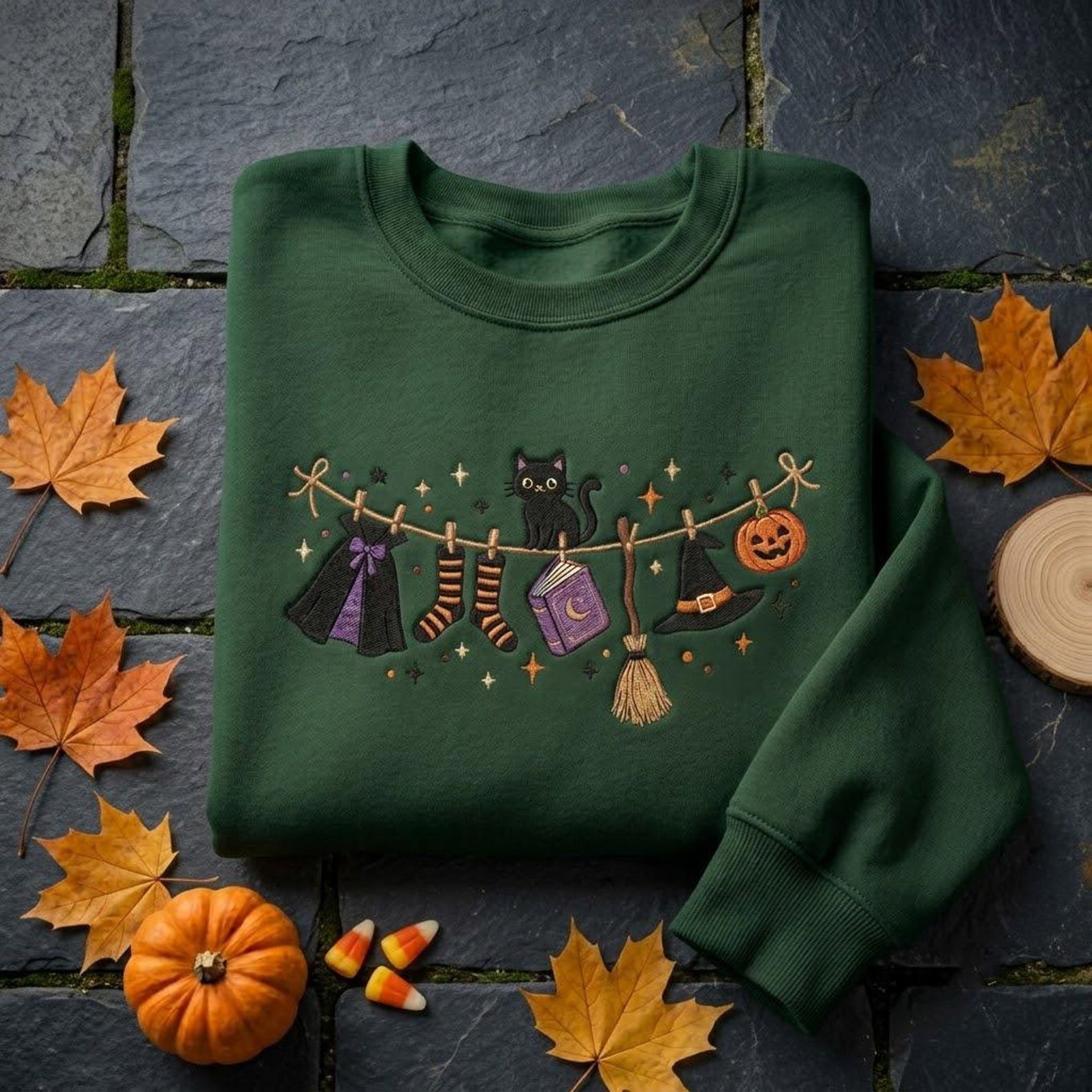 Halloween Witch Clothesline Embroidered Crewneck, Black Cat Broom Hat Book Sweatshirt, Cute Spooky Autumn Gift for Adults 4