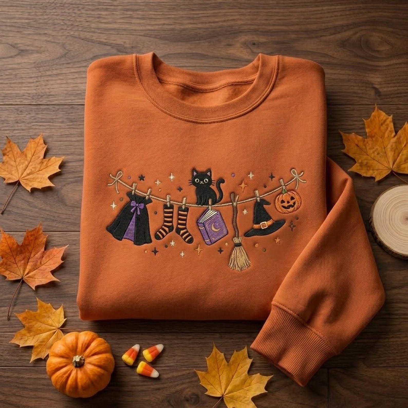 Halloween Witch Clothesline Embroidered Crewneck, Black Cat Broom Hat Book Sweatshirt, Cute Spooky Autumn Gift for Adults 5