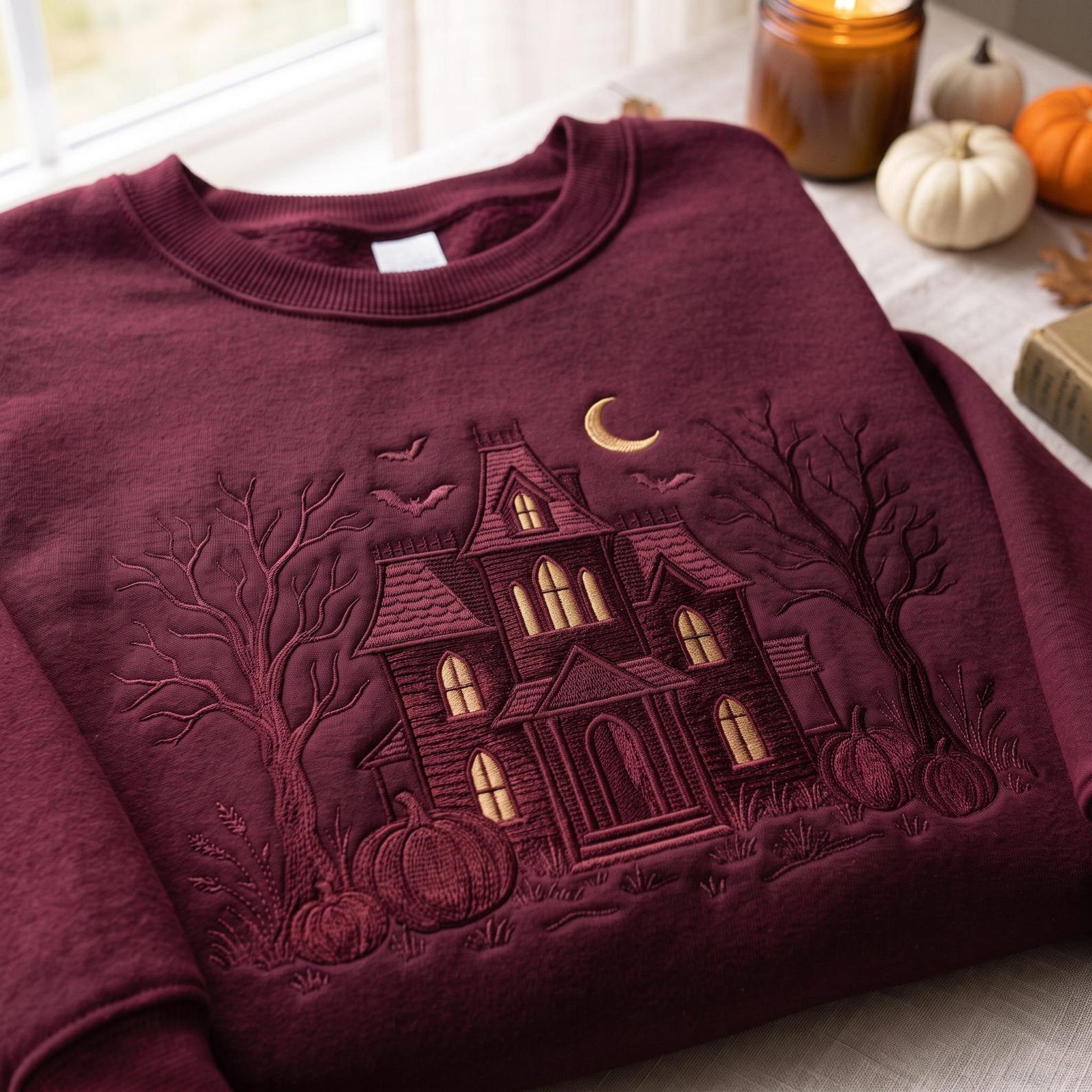 Haunted House Halloween Embroidered Sweatshirt, Monogram Haunted House Shirt, Spooky Mansion Shirt, Spooky Season Gift 1