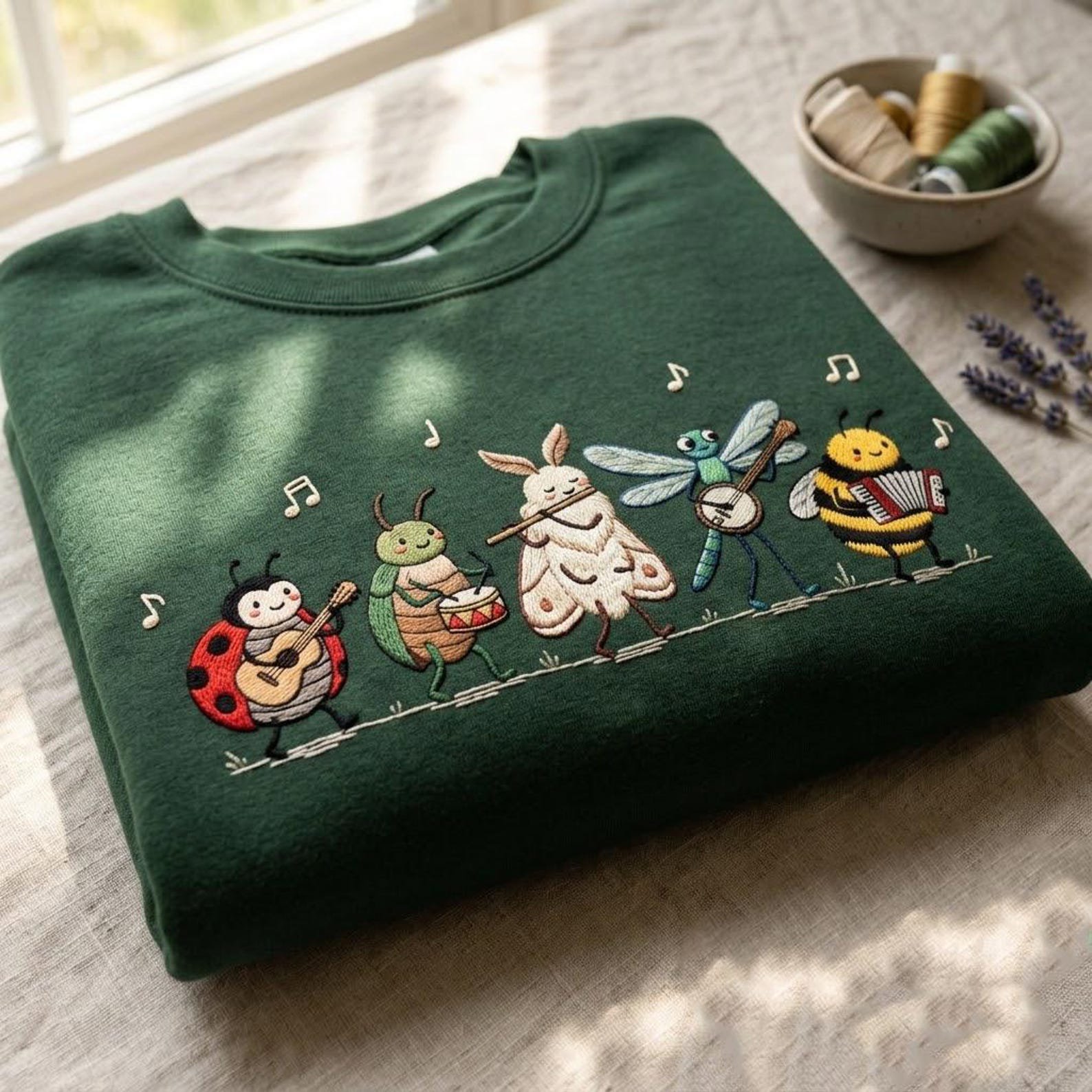 Woodland Insect Embroidered Sweatshirt, Cute Bug Orchestra Crewneck 3