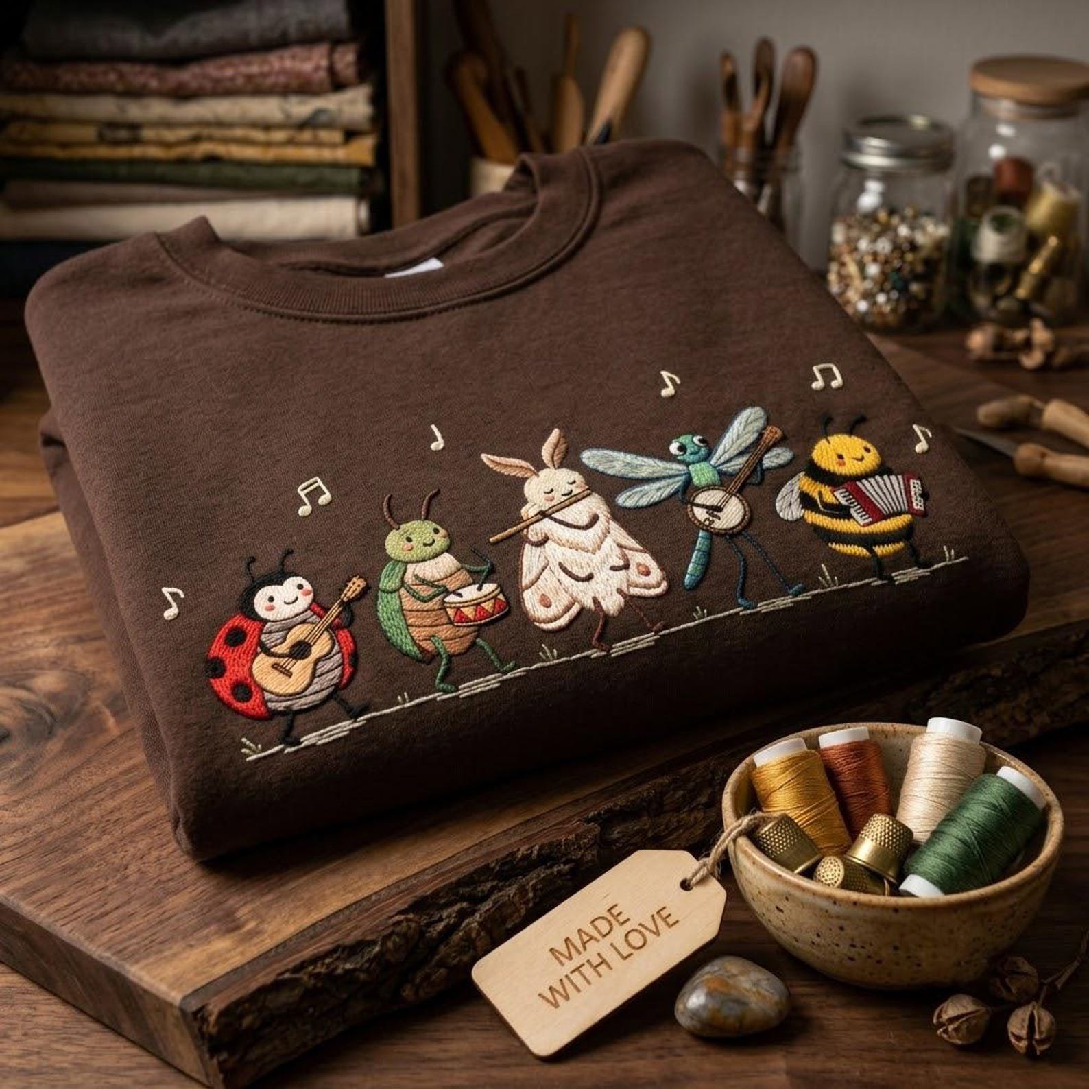 Woodland Insect Embroidered Sweatshirt, Cute Bug Orchestra Crewneck 1
