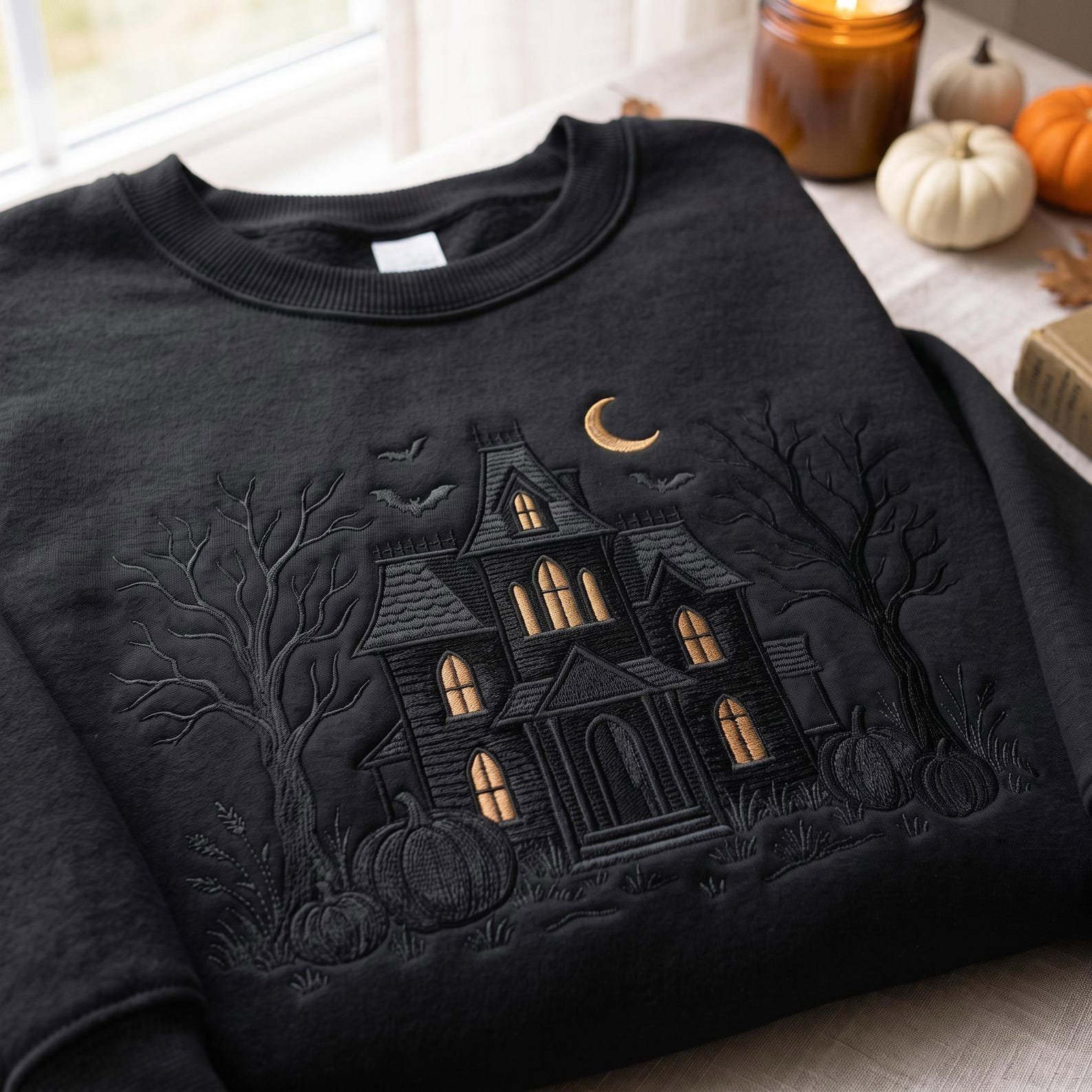 Haunted House Halloween Embroidered Sweatshirt, Monogram Haunted House Shirt, Spooky Mansion Shirt, Spooky Season Gift 4