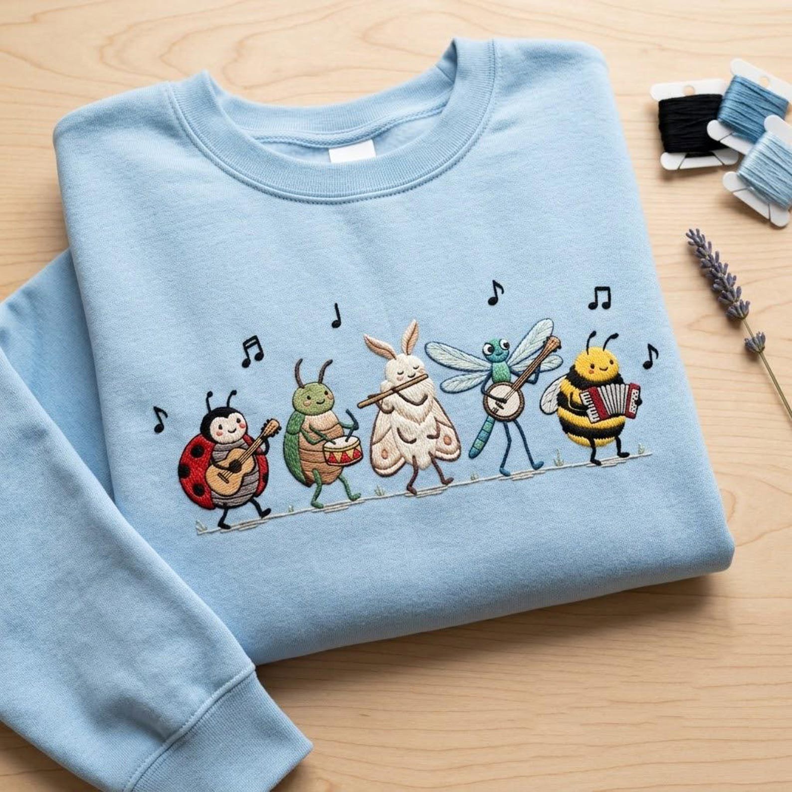 Woodland Insect Embroidered Sweatshirt, Cute Bug Orchestra Crewneck 4