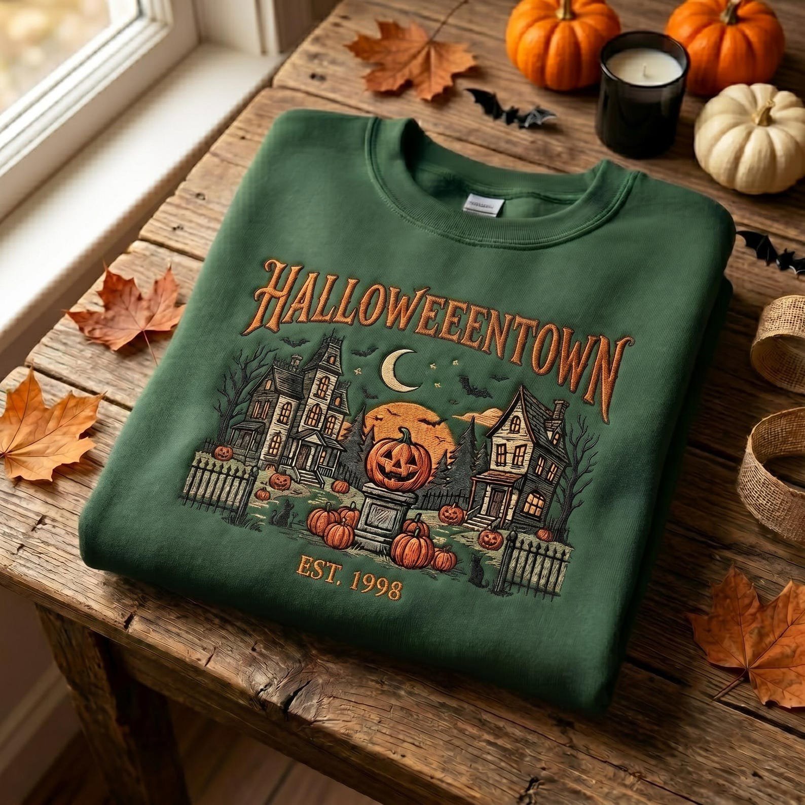 Embroidered HalloweenTown Sweatshirt, Spooky Village Shirt, Haunted House Pumpkin Shirt, Retro Fall Halloween Gift For Her, Vintage Spooky 1