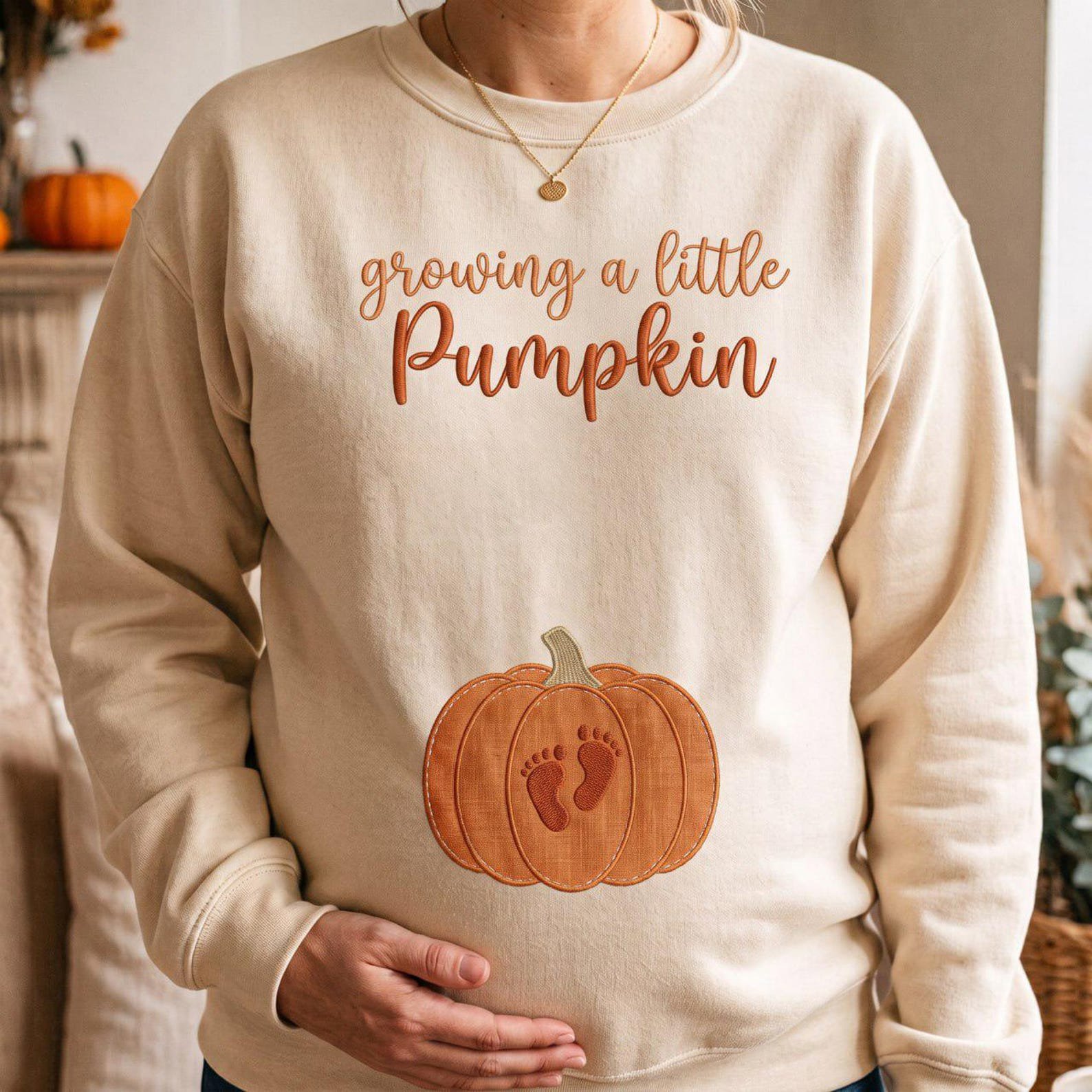 Growing a Little Pumpkin Applique Sweatshirt, Embroidered Fall Pregnancy Announcement Shirt, Baby Shower Gift for Mom, Maternity Halloween 1