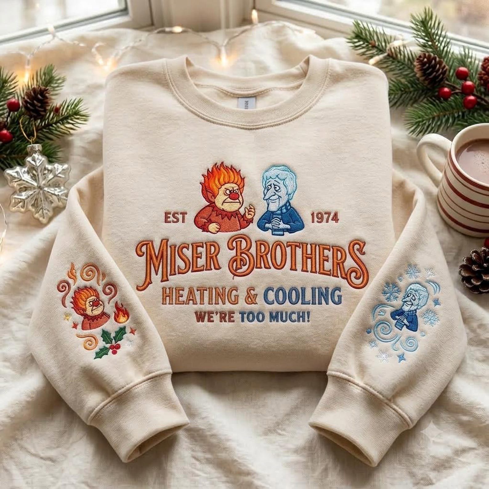 Embroidered Sweatshirt, Christmas Shirt, Heating and Cooling Holiday Crewneck, Year Without Santa Gift 3