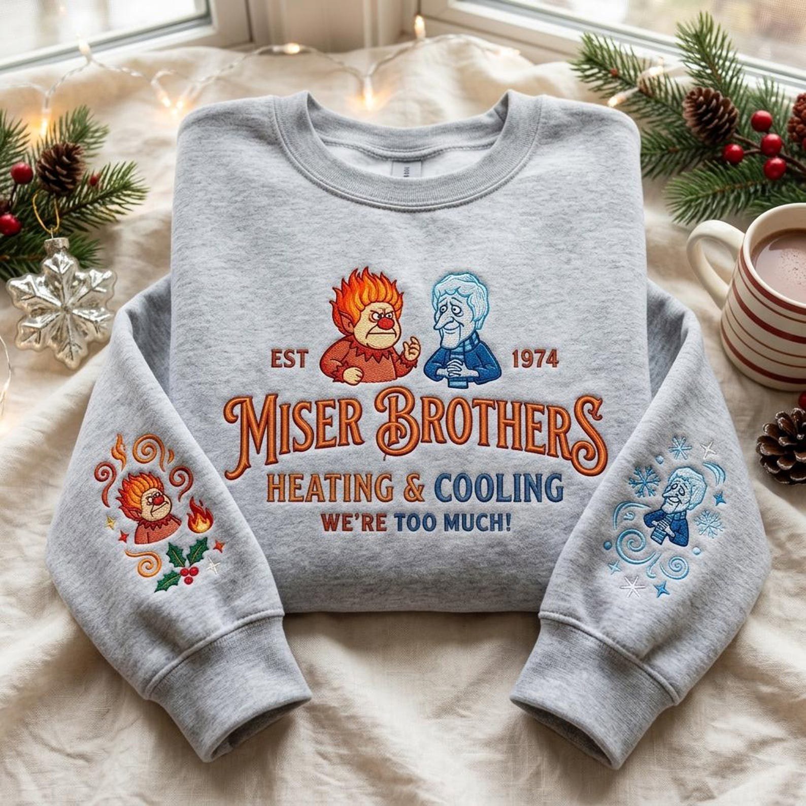Embroidered Sweatshirt, Christmas Shirt, Heating and Cooling Holiday Crewneck, Year Without Santa Gift 1