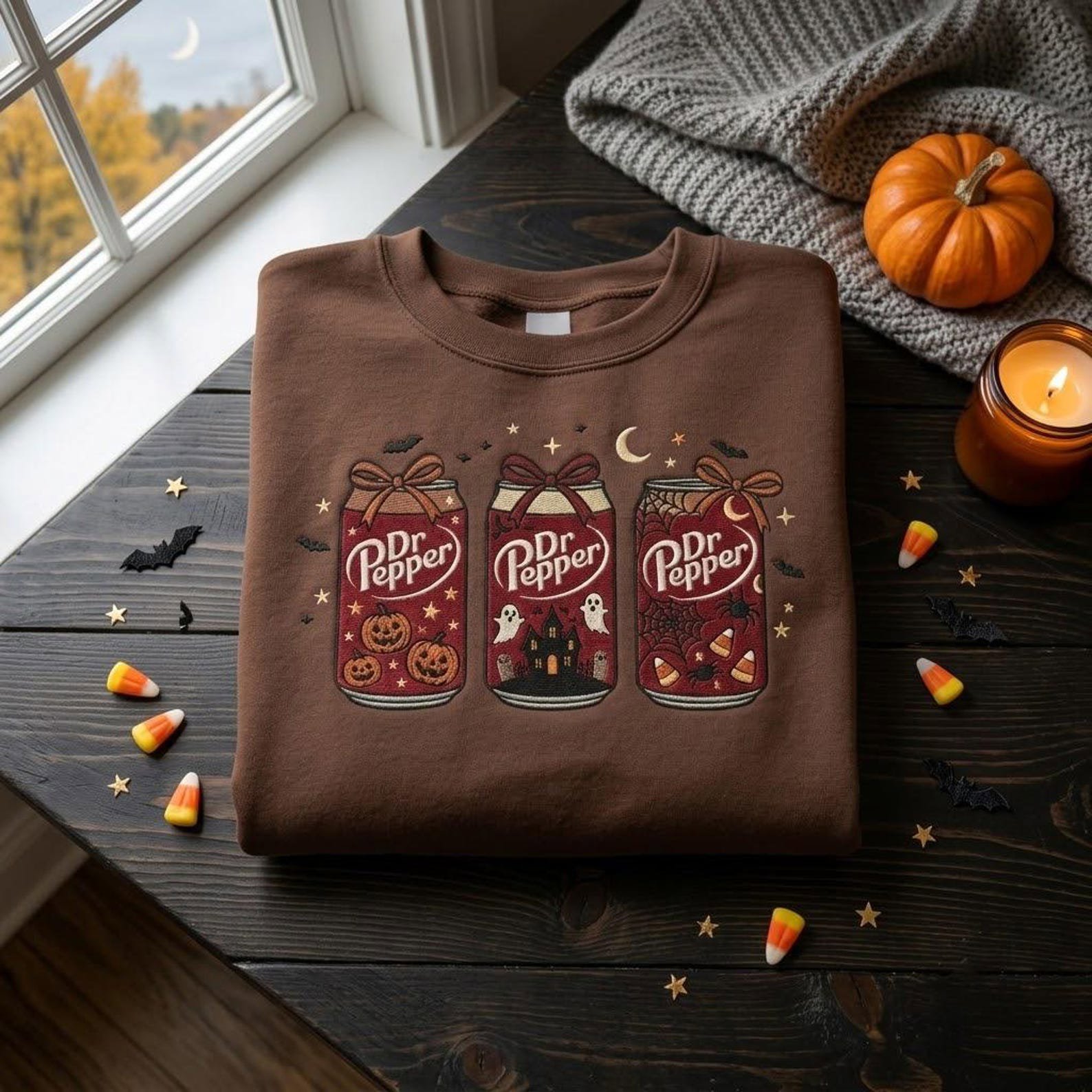 Cute Dr Pepper Embroidered Sweatshirt, Halloween Soda Can Crewneck with Pumpkins Ghosts Bats, Cozy Fall Season Gift for Adults 3