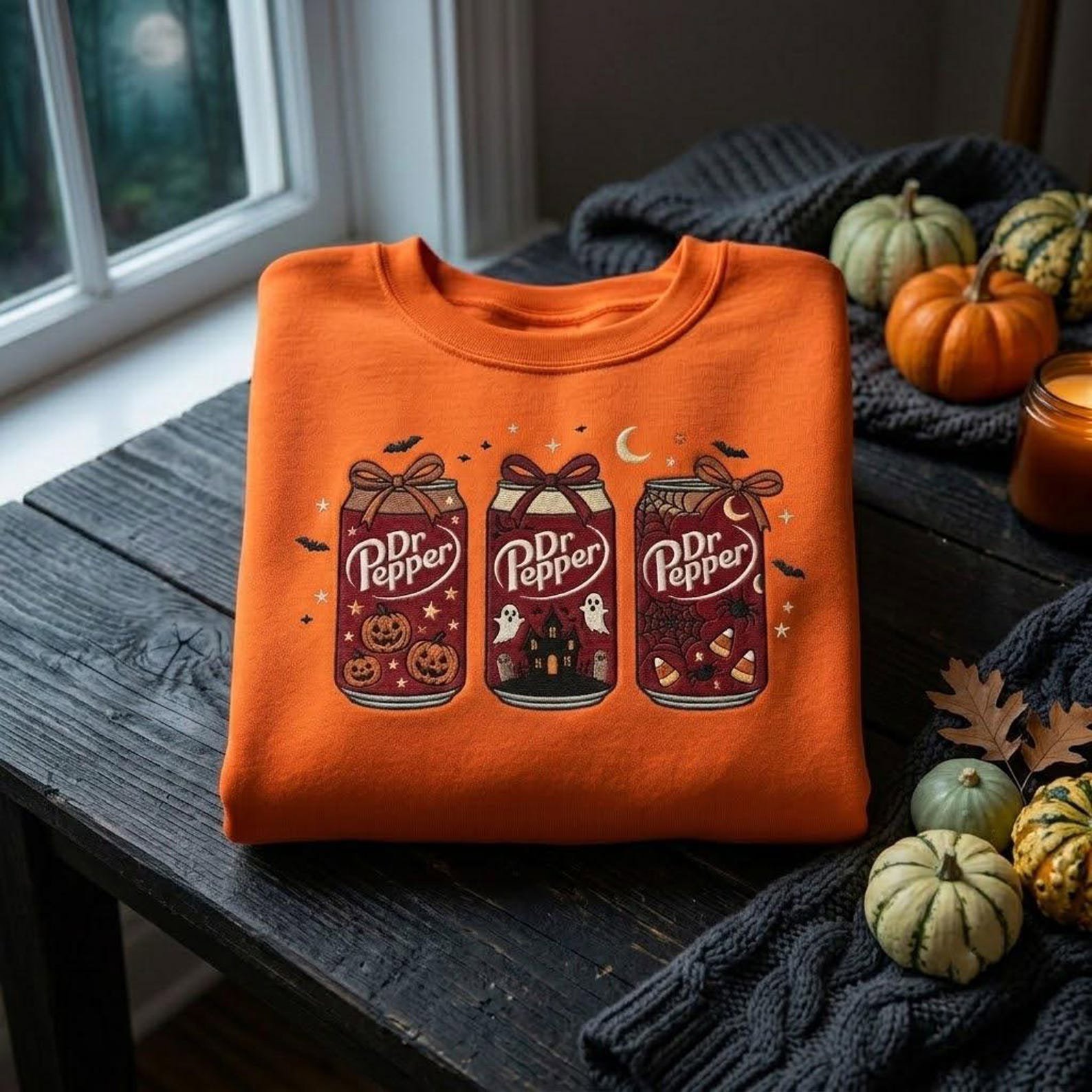 Cute Dr Pepper Embroidered Sweatshirt, Halloween Soda Can Crewneck with Pumpkins Ghosts Bats, Cozy Fall Season Gift for Adults 2
