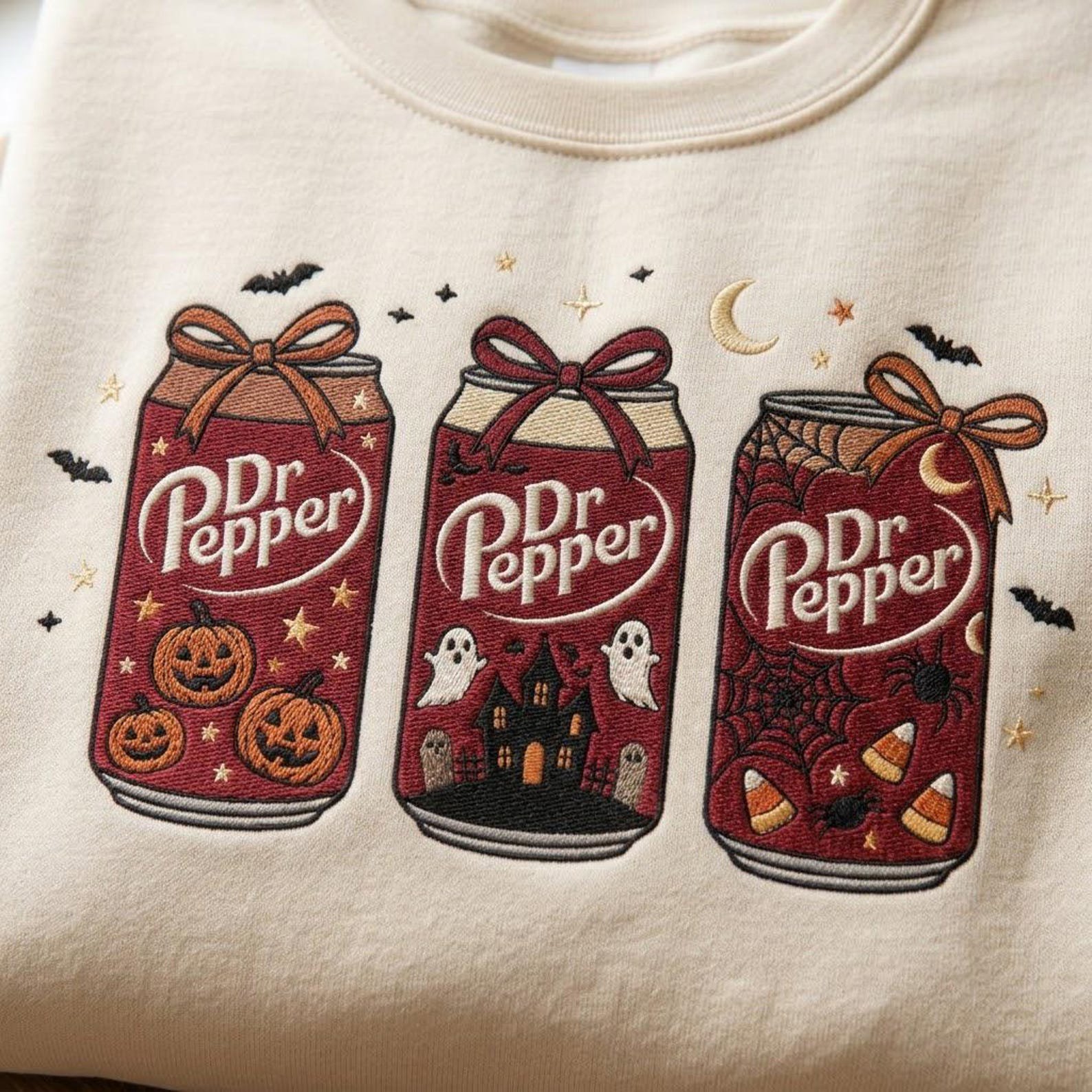 Cute Dr Pepper Embroidered Sweatshirt, Halloween Soda Can Crewneck with Pumpkins Ghosts Bats, Cozy Fall Season Gift for Adults 1