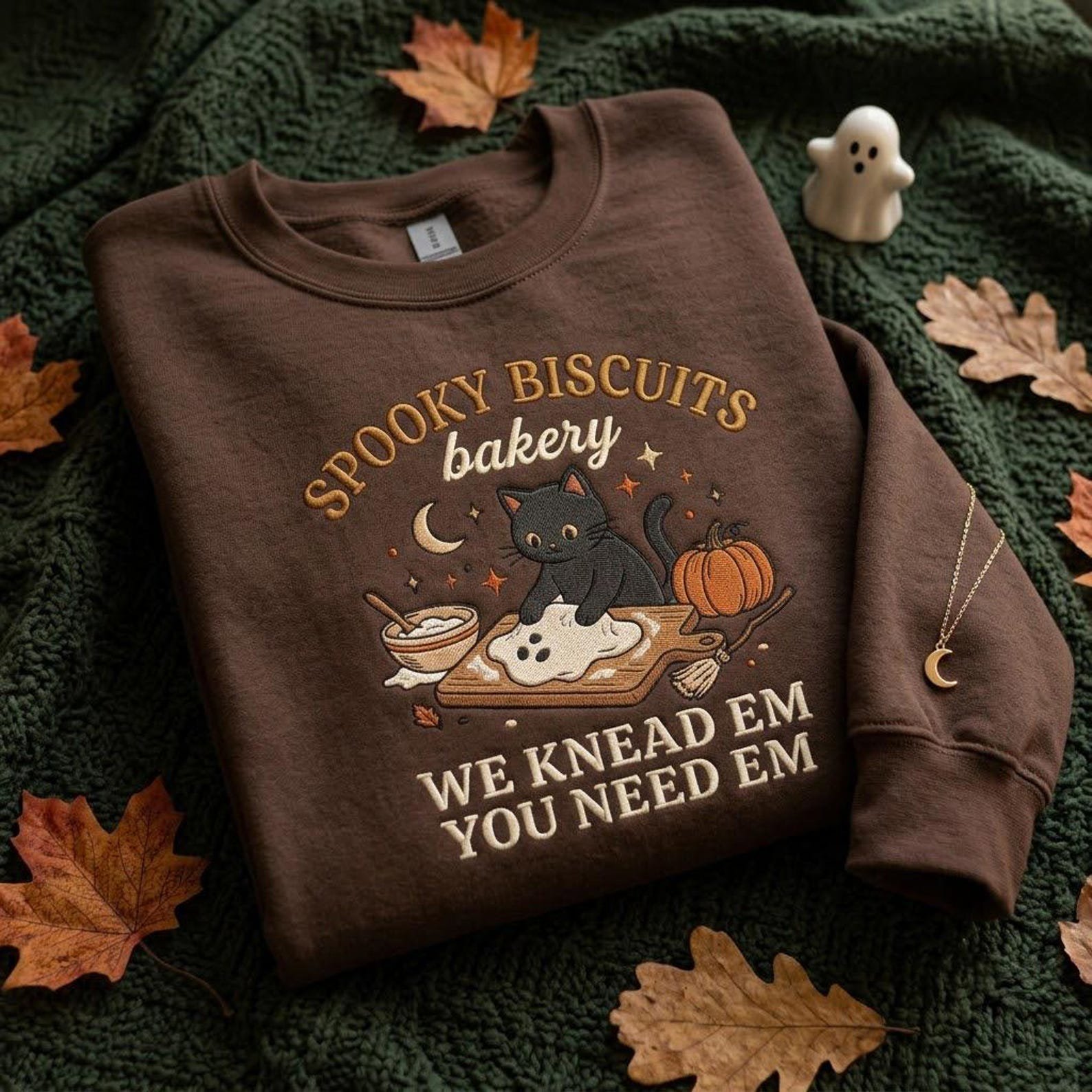 Spooky Cat Sweatshirt, Embroidered Halloween Baking Crewneck, Funny Biscuit Bakery Shirt, Black Cat Lover Gift for Cozy Fall Season 1