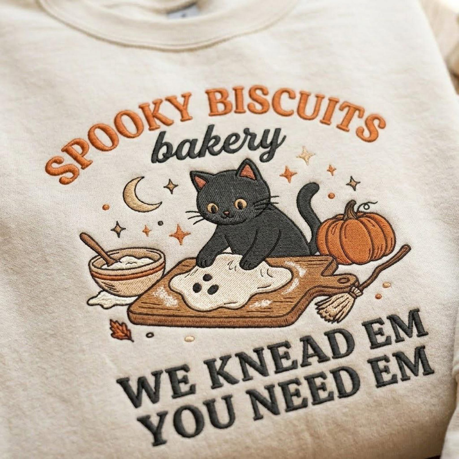 Spooky Cat Sweatshirt, Embroidered Halloween Baking Crewneck, Funny Biscuit Bakery Shirt, Black Cat Lover Gift for Cozy Fall Season 3