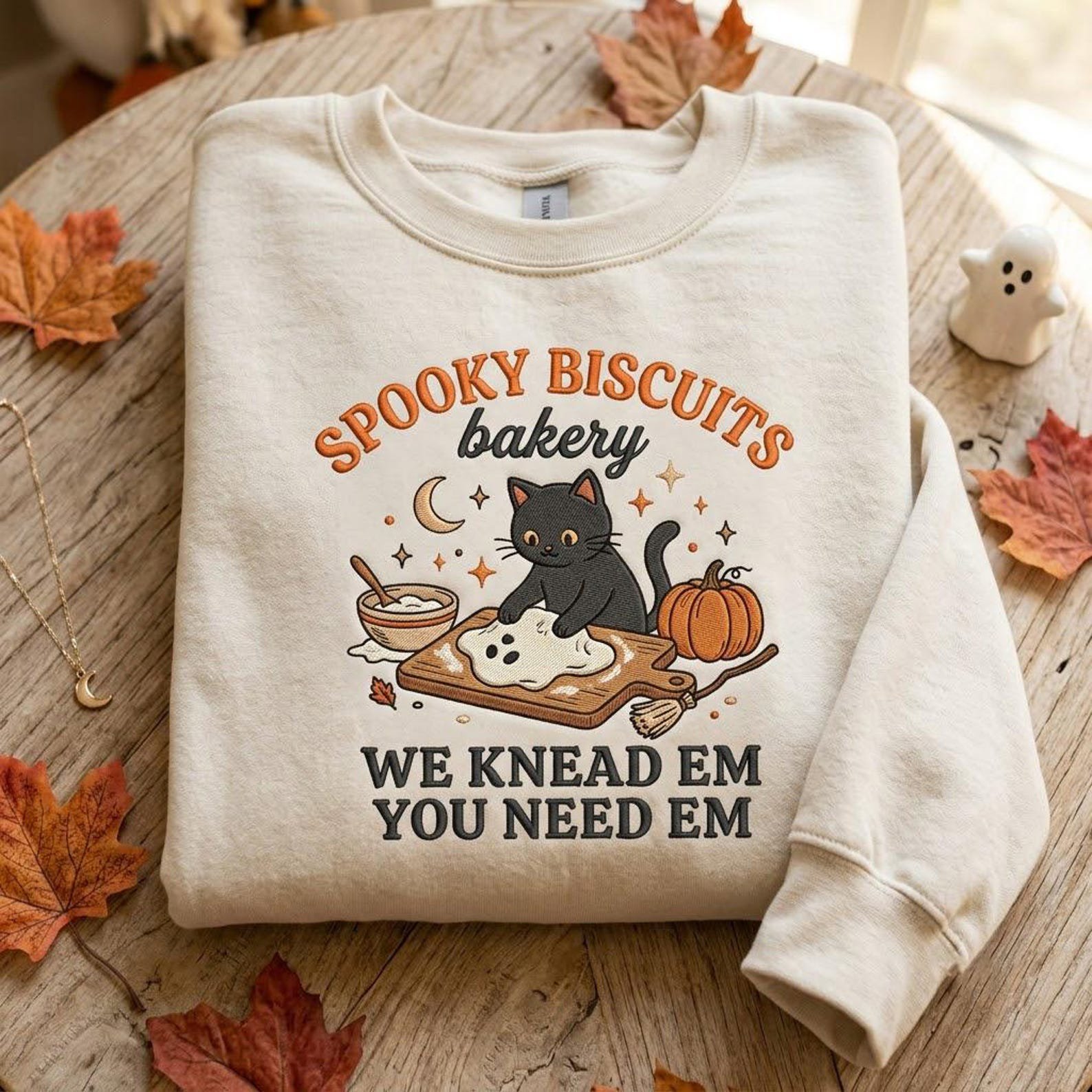 Spooky Cat Sweatshirt, Embroidered Halloween Baking Crewneck, Funny Biscuit Bakery Shirt, Black Cat Lover Gift for Cozy Fall Season 2