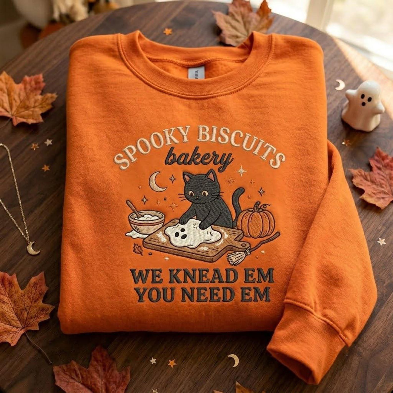 Spooky Cat Sweatshirt, Embroidered Halloween Baking Crewneck, Funny Biscuit Bakery Shirt, Black Cat Lover Gift for Cozy Fall Season 4