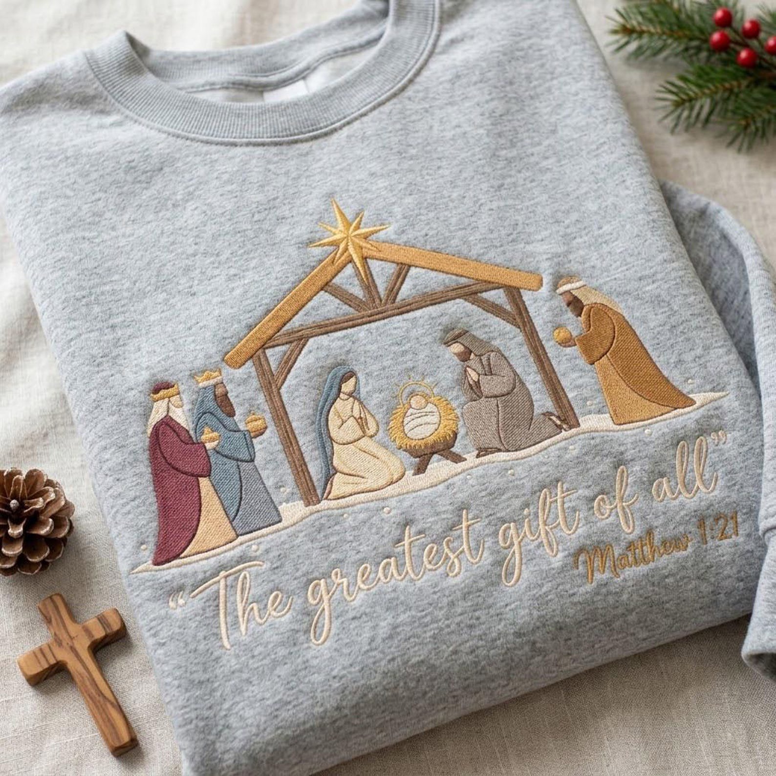 Christian Nativity Embroidered Sweatshirt, The Greatest Gift of All Bible Verse Crewneck, Jesus Christmas Faith Holiday Gift Shirt 3