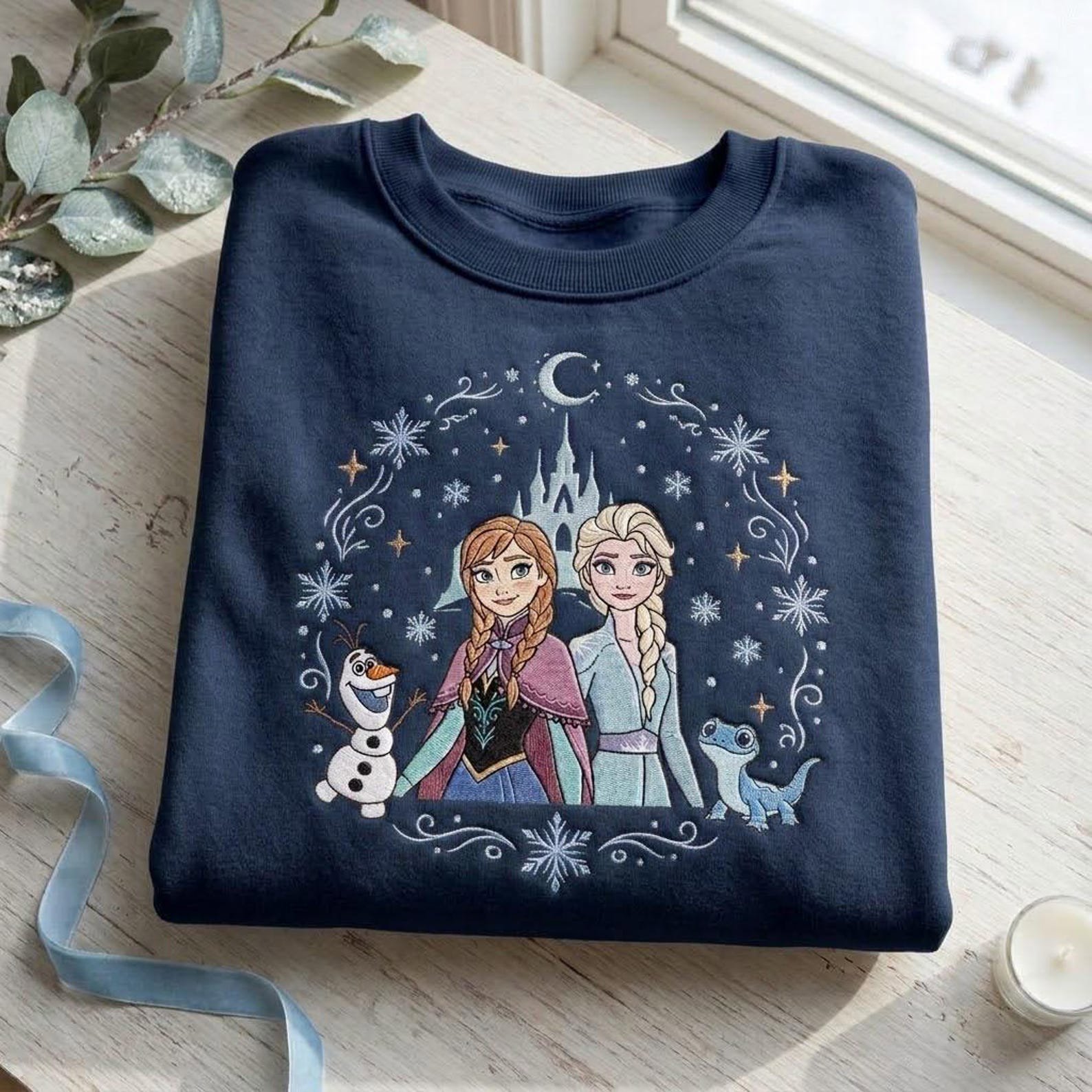 Frozen Elsa and Anna Embroidered Sweatshirt, Winter Princess Crewneck, Snowflake Castle Shirt, Magical Sister Holiday Gift 1