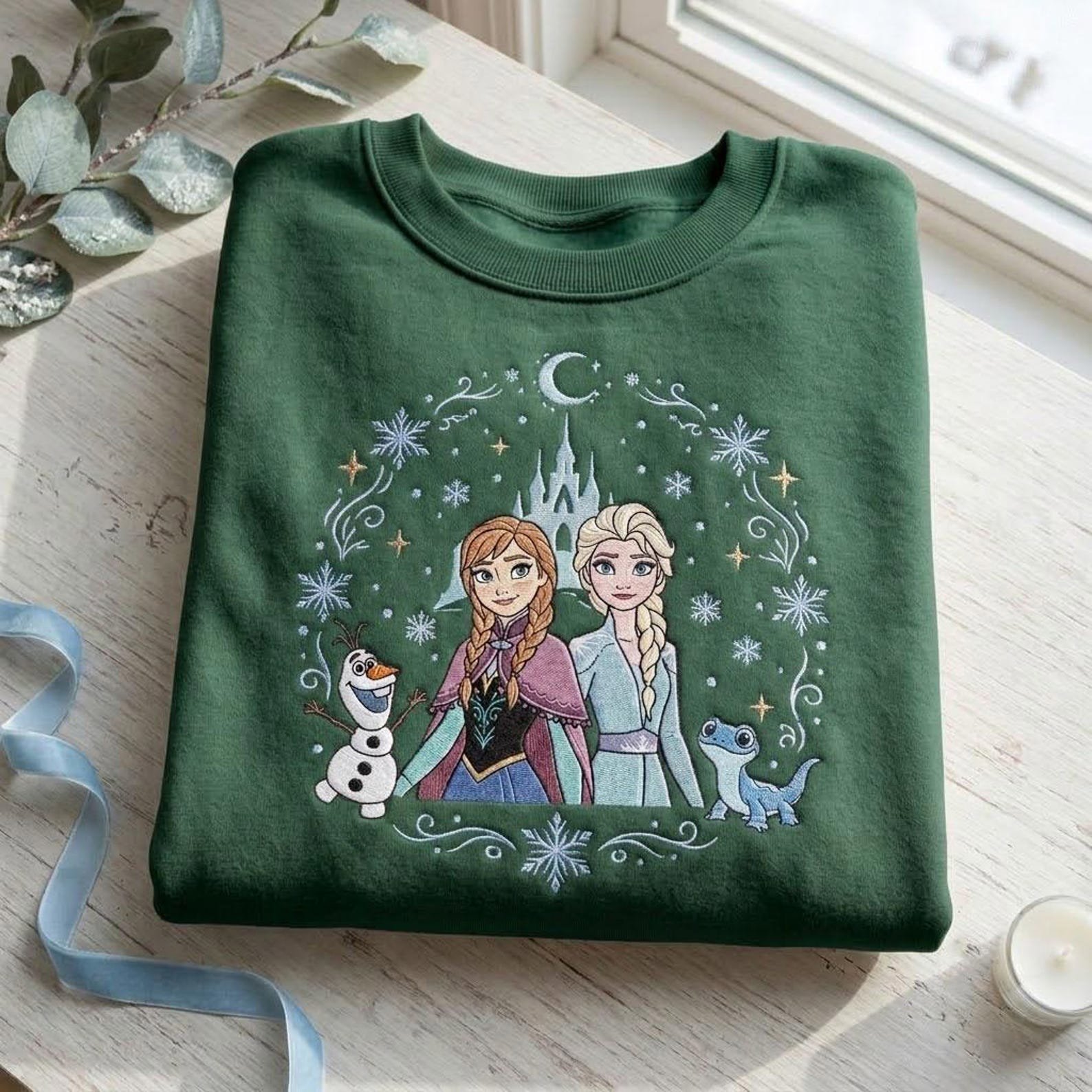 Frozen Elsa and Anna Embroidered Sweatshirt, Winter Princess Crewneck, Snowflake Castle Shirt, Magical Sister Holiday Gift 3