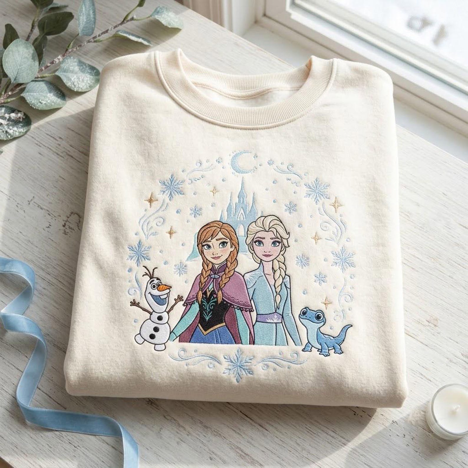 Frozen Elsa and Anna Embroidered Sweatshirt, Winter Princess Crewneck, Snowflake Castle Shirt, Magical Sister Holiday Gift 4