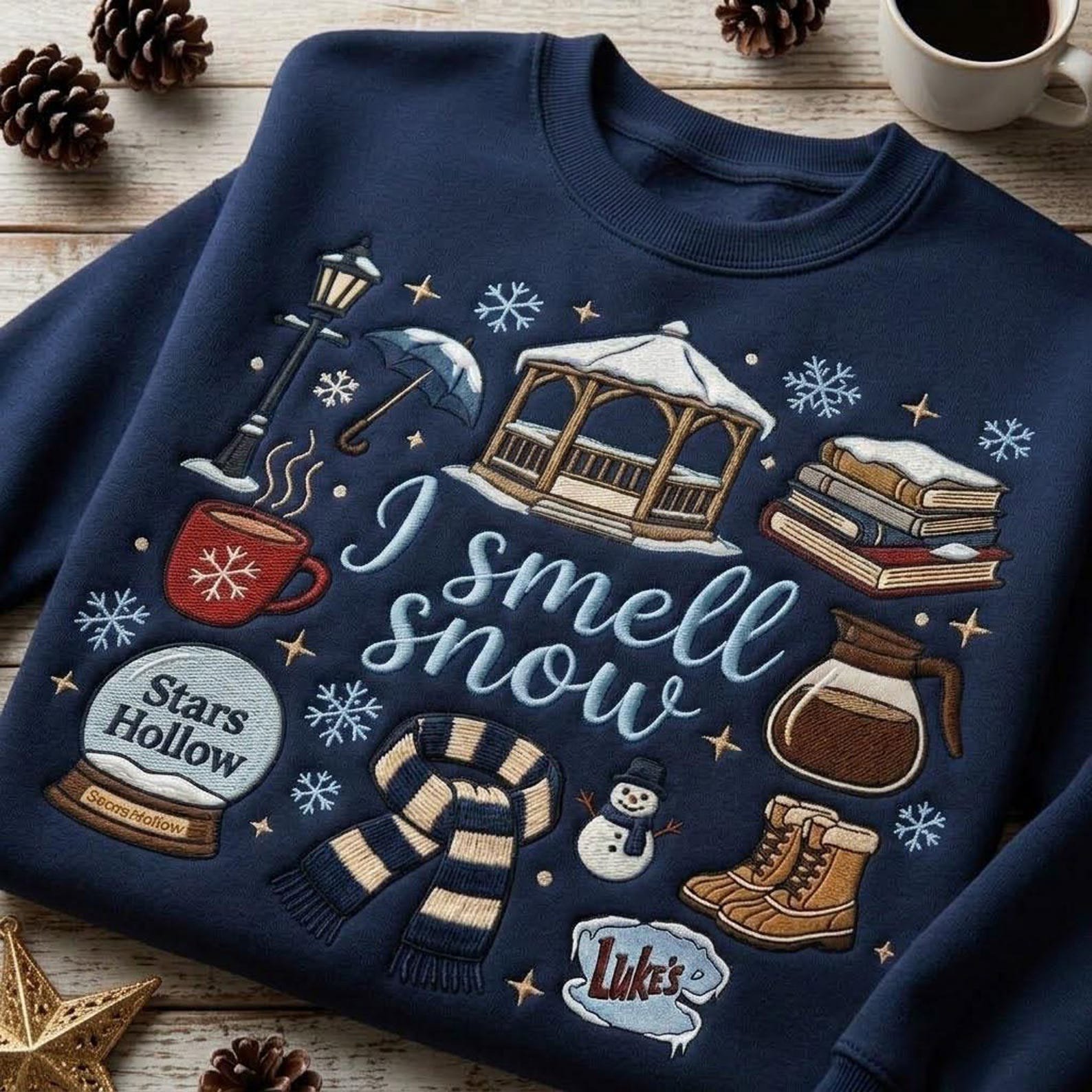 I Smell Snow Embroidered Sweatshirt, Stars Hollow Winter Crewneck, Cozy Gilmore Girls Inspired Pullover, Luke's Coffee Holiday Gift 1
