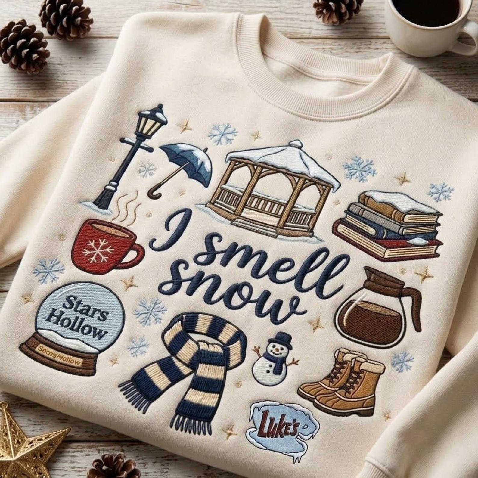 I Smell Snow Embroidered Sweatshirt, Stars Hollow Winter Crewneck, Cozy Gilmore Girls Inspired Pullover, Luke's Coffee Holiday Gift 3