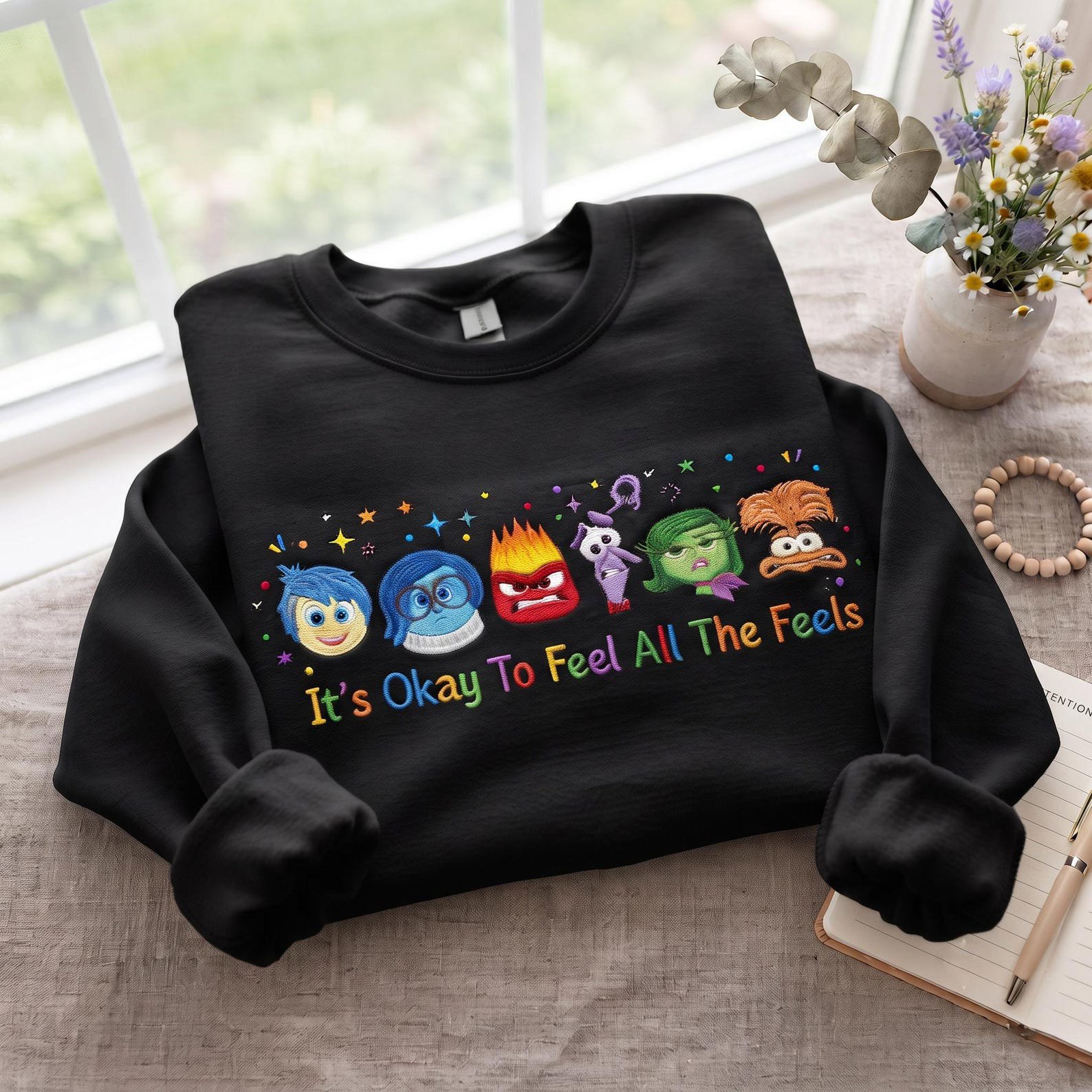 Inside Out Embroidered Sweatshirt, It’s Okay To Feel All The Feels Crewneck, Emotion Characters Mental Health Pullover Gift 3